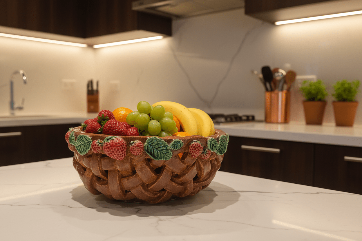Ceramic Open Woven Basket Strawberries & Leaves - Gems by Gigi