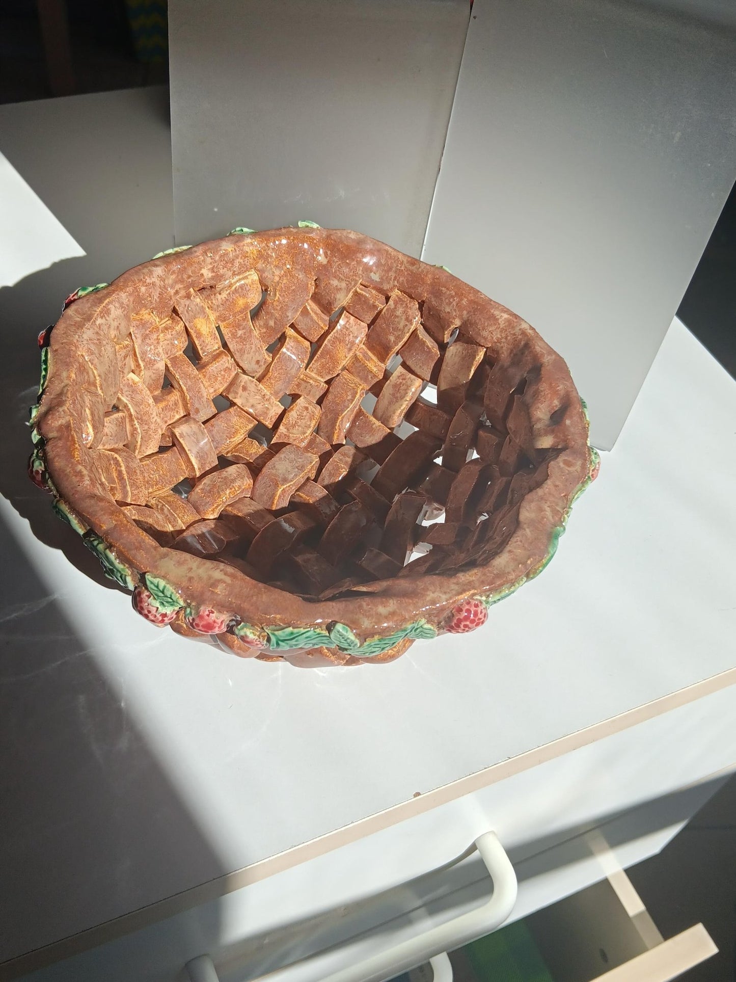 Ceramic Open Woven Basket Strawberries & Leaves - Gems by Gigi