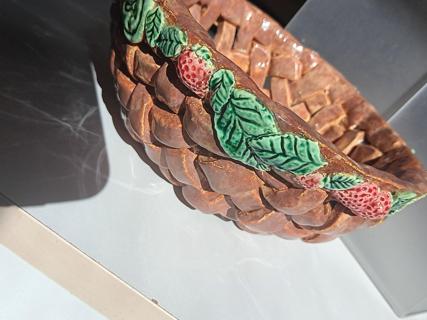 Ceramic Open Woven Basket Strawberries & Leaves - Gems by Gigi