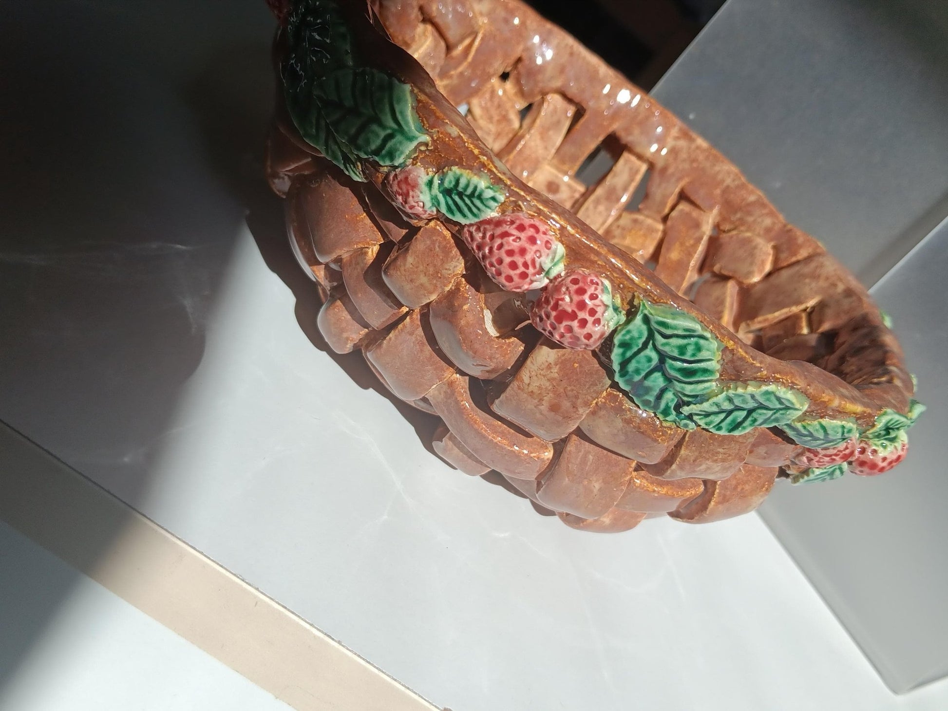 Ceramic Open Woven Basket Strawberries & Leaves - Gems by Gigi