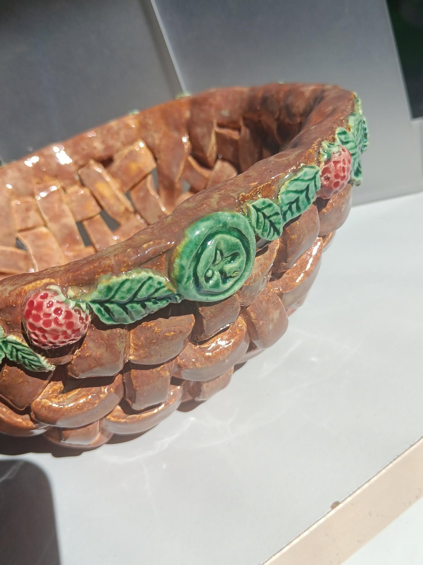 Ceramic Open Woven Basket Strawberries & Leaves - Gems by Gigi