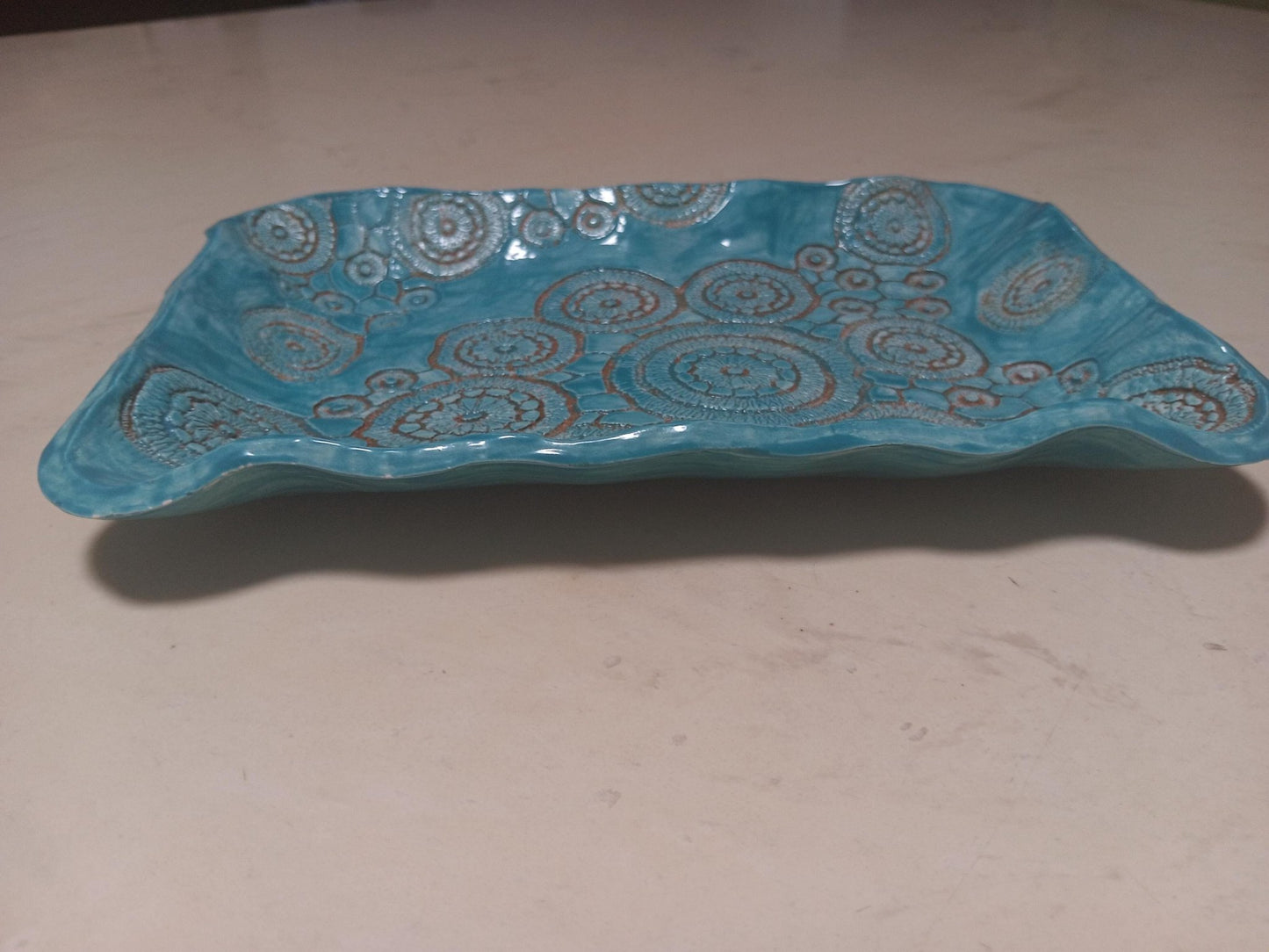 Ceramic Platter Plate Circles Handmade Turquoise and Tan - Gems by Gigi