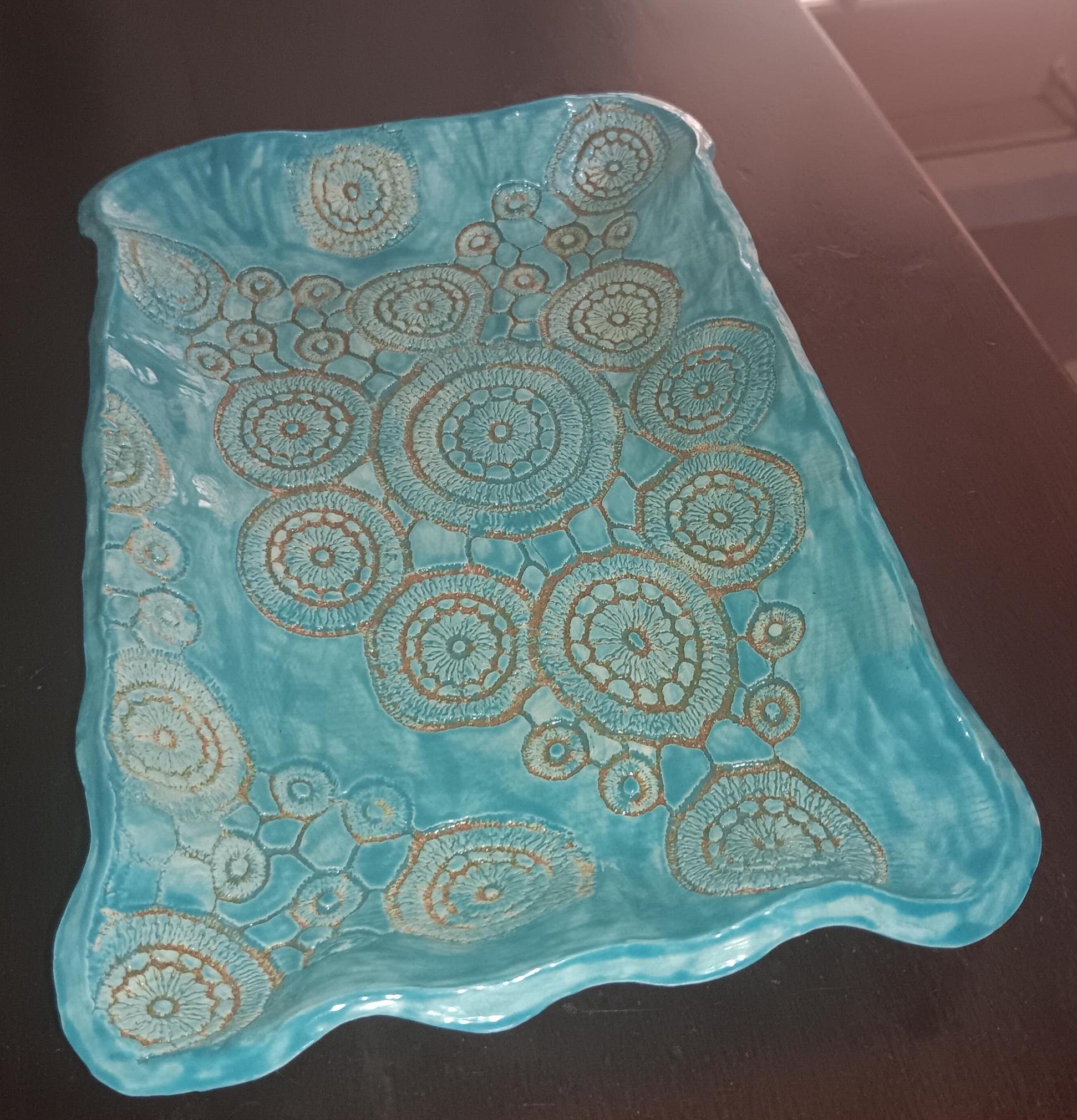 Ceramic Platter Plate Circles Handmade Turquoise and Tan - Gems by Gigi