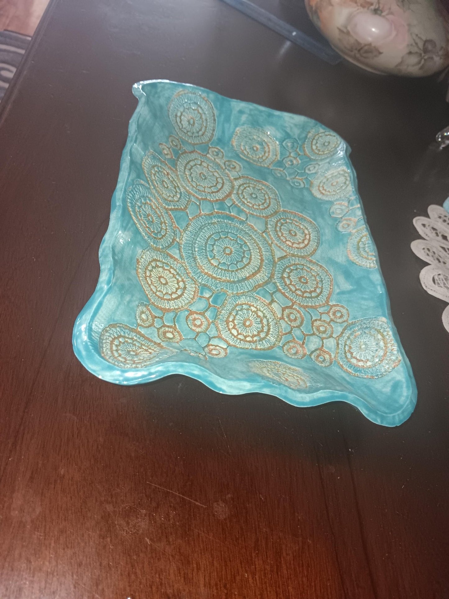 Ceramic Platter Plate Circles Handmade Turquoise and Tan - Gems by Gigi