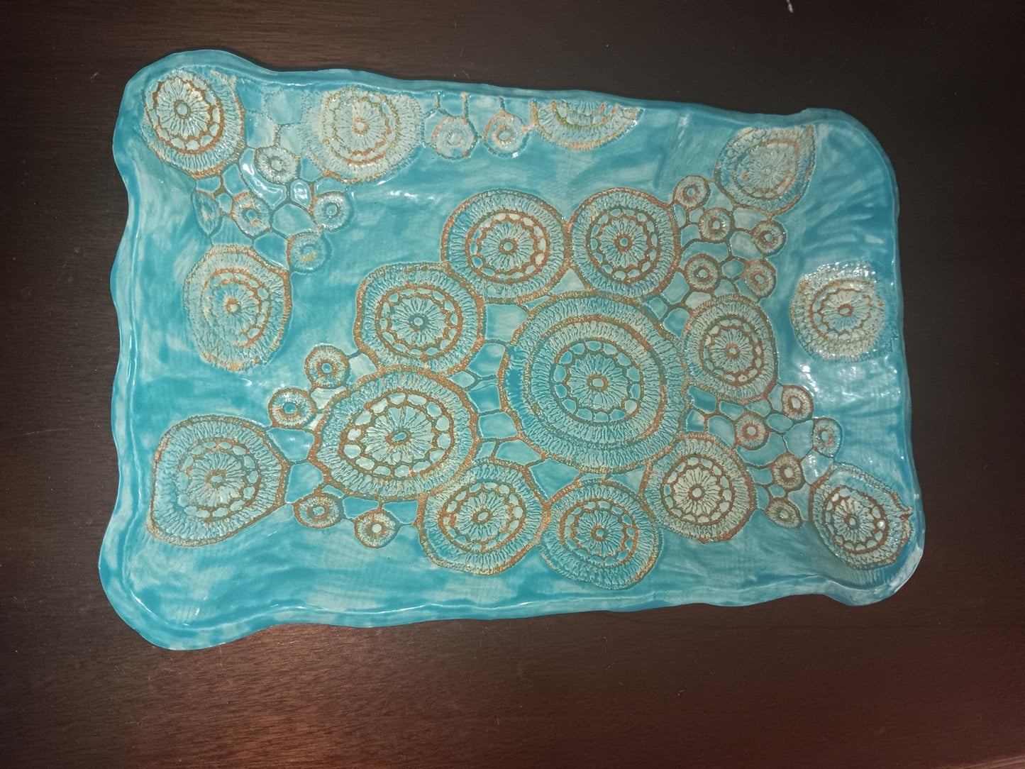 Ceramic Platter Plate Circles Handmade Turquoise and Tan - Gems by Gigi