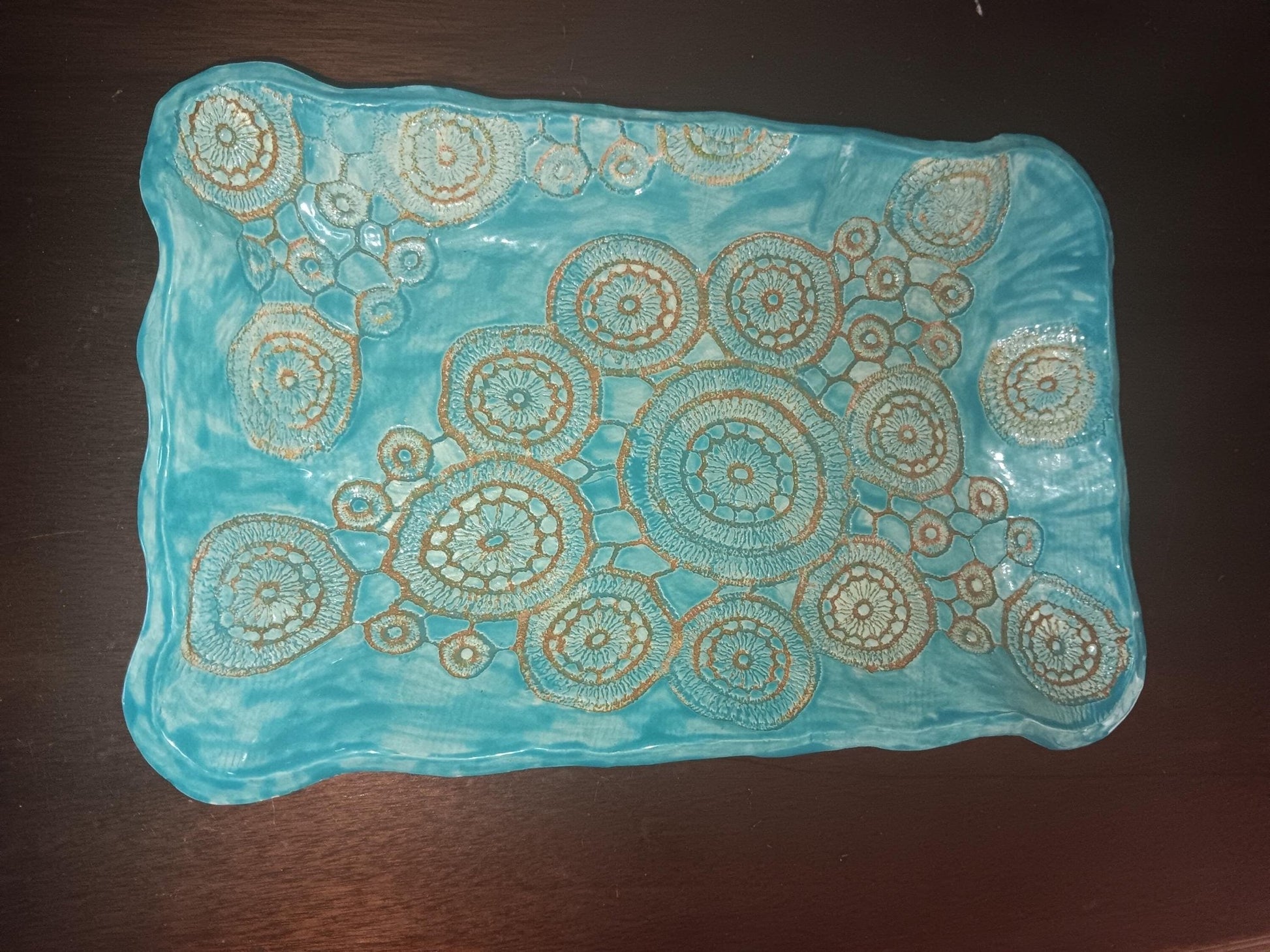 Ceramic Platter Plate Circles Handmade Turquoise and Tan - Gems by Gigi