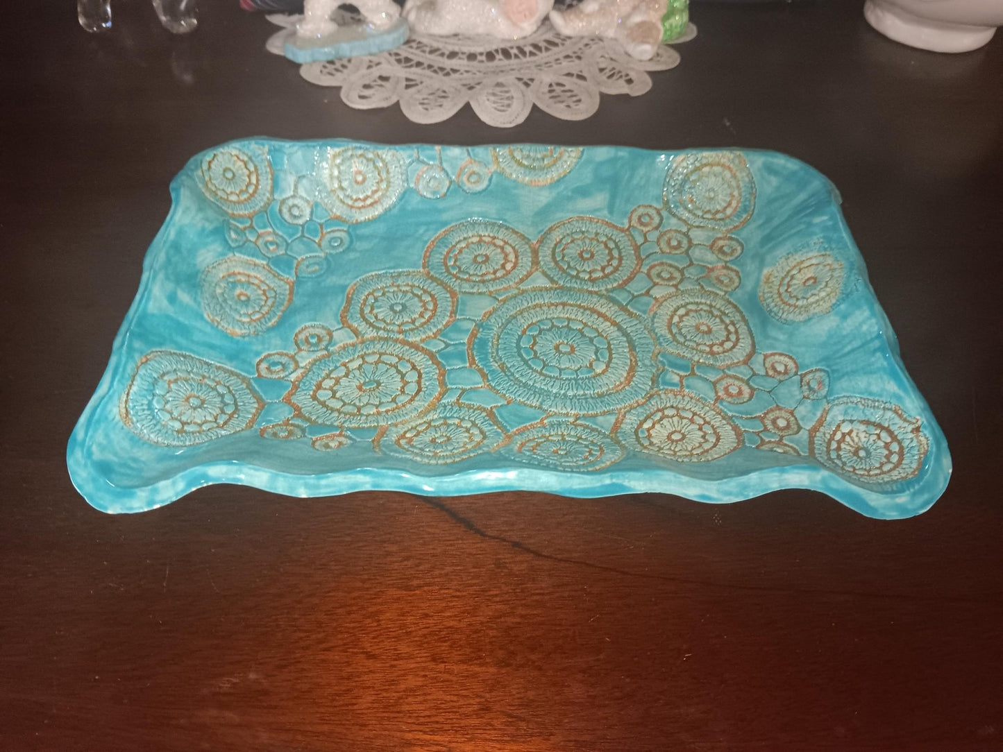 Ceramic Platter Plate Circles Handmade Turquoise and Tan - Gems by Gigi