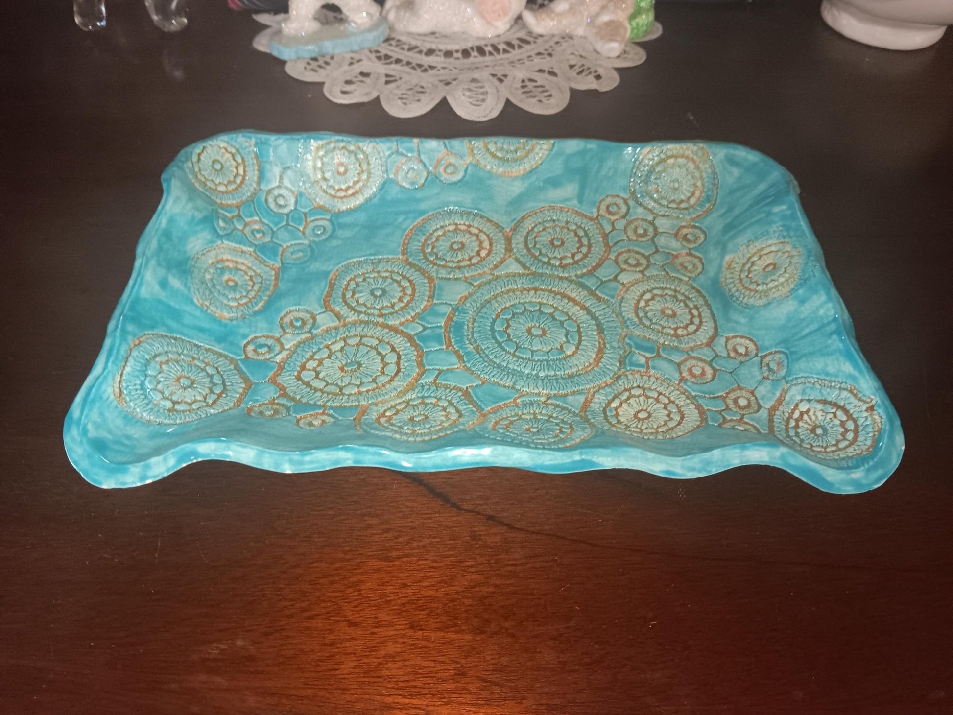Ceramic Platter Plate Circles Handmade Turquoise and Tan - Gems by Gigi