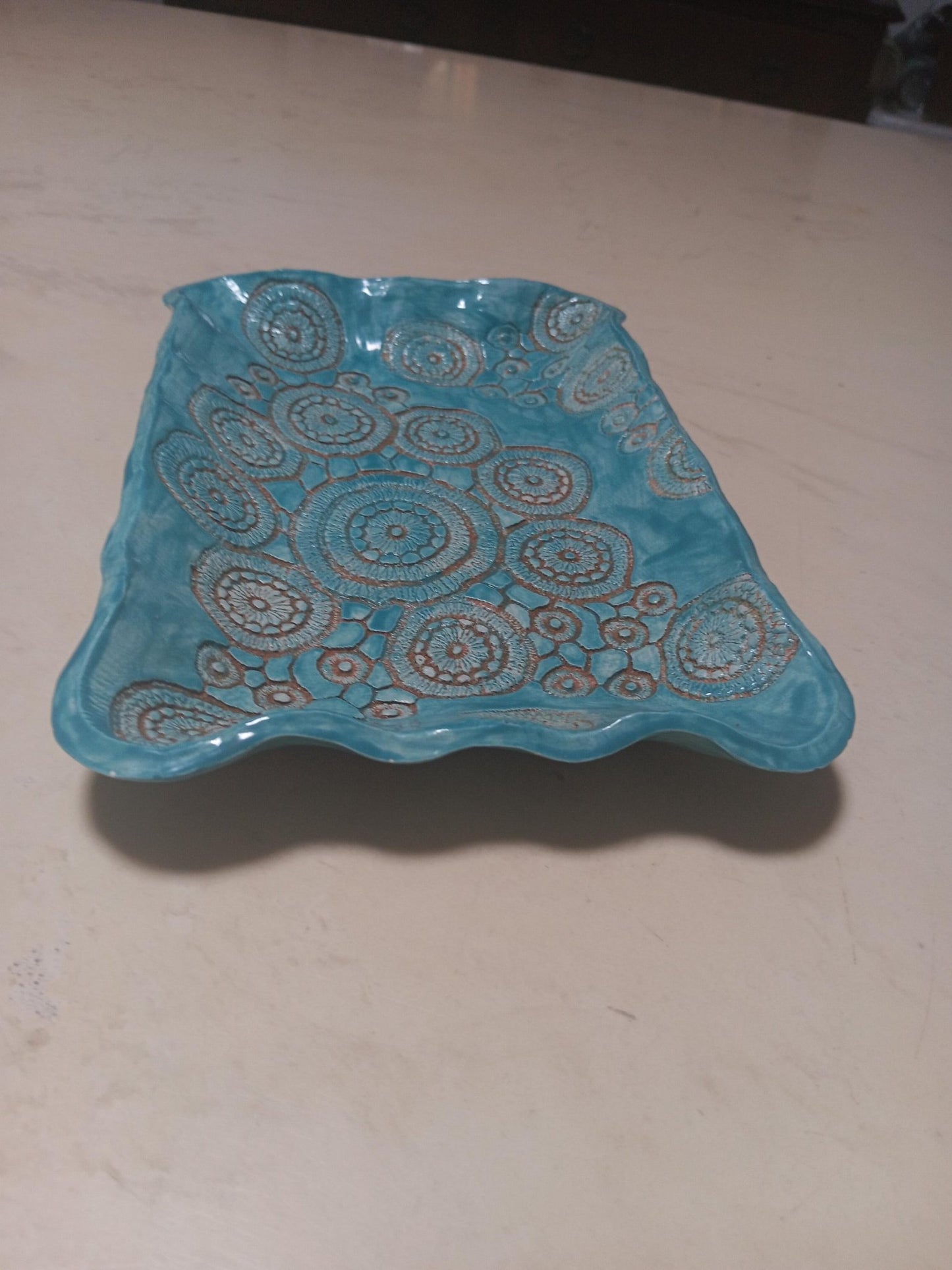 Ceramic Platter Plate Circles Handmade Turquoise and Tan - Gems by Gigi