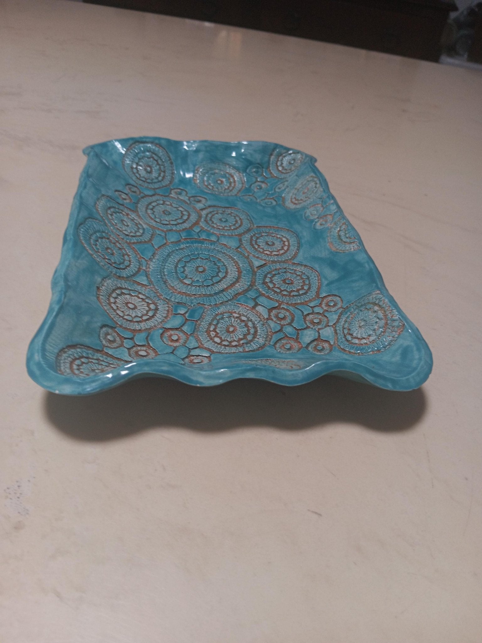 Ceramic Platter Plate Circles Handmade Turquoise and Tan - Gems by Gigi