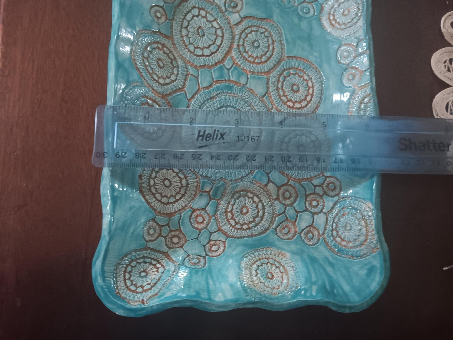 Ceramic Platter Plate Circles Handmade Turquoise and Tan - Gems by Gigi