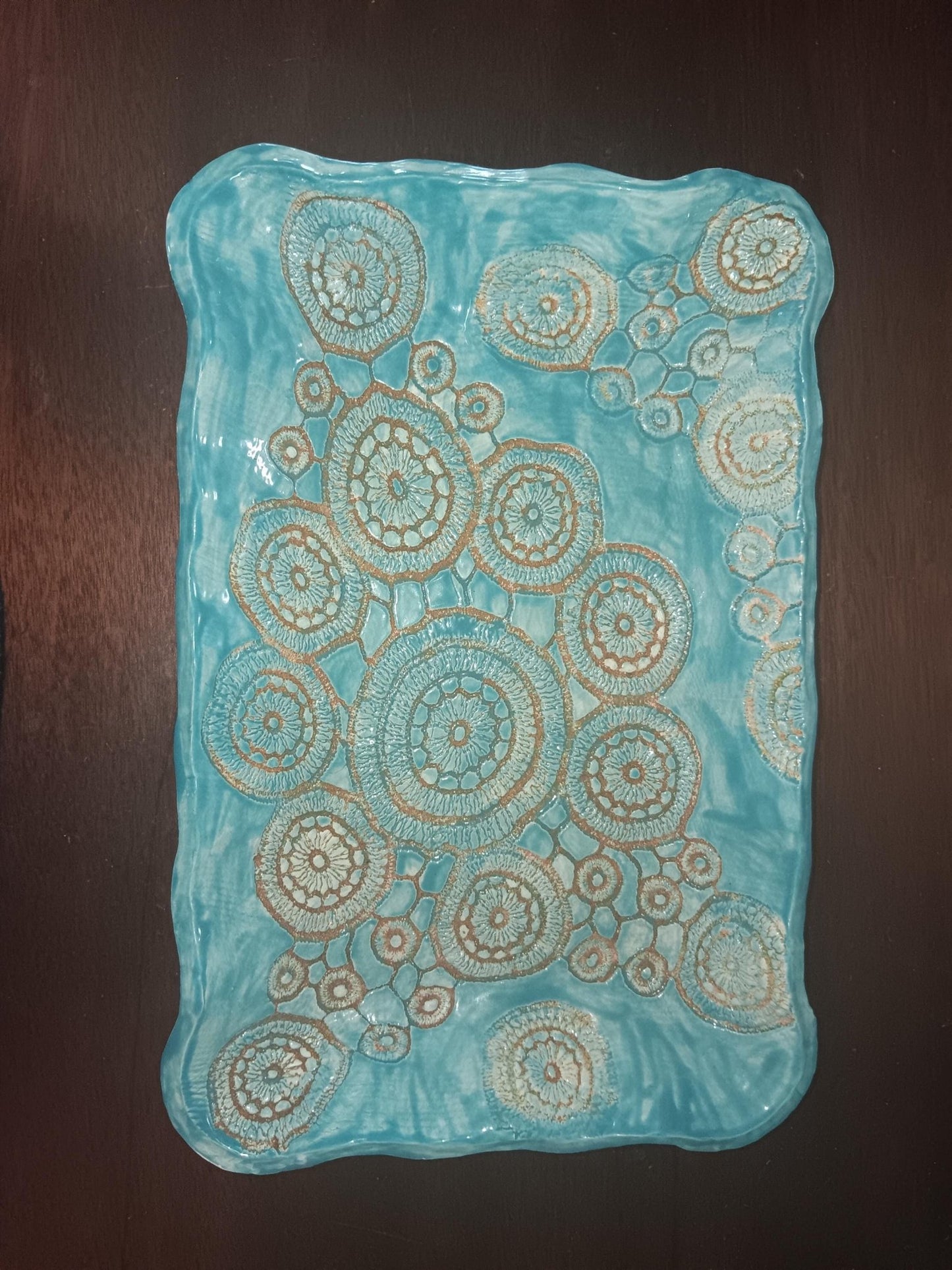 Ceramic Platter Plate Circles Handmade Turquoise and Tan - Gems by Gigi