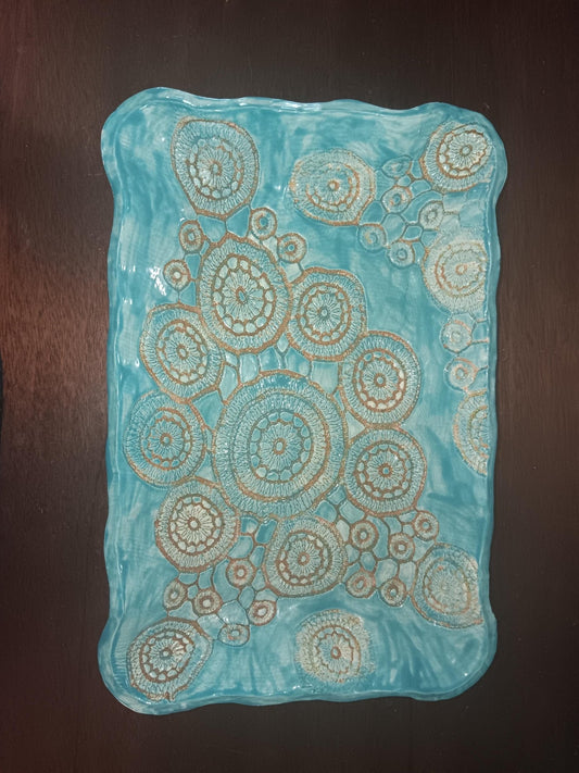 Ceramic Platter Plate Circles Handmade Turquoise and Tan - Gems by Gigi