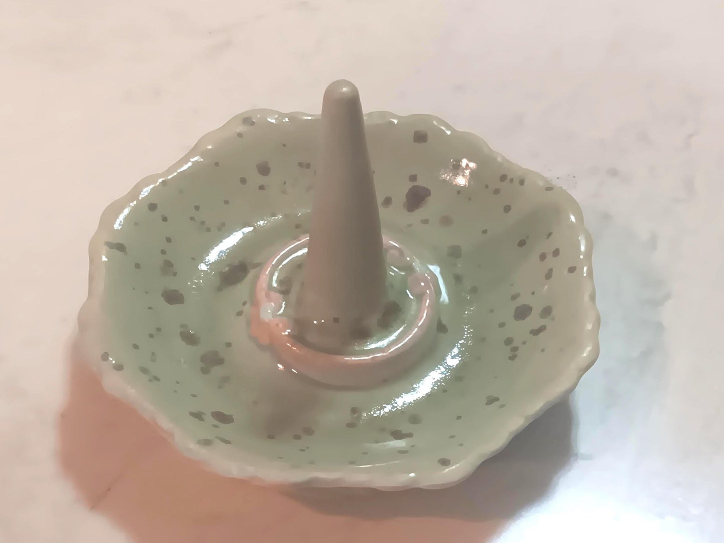 Ceramic Ring Holder Dish: Speckled Green, Fluttered Edge Tray Organizer - Gems by Gigi