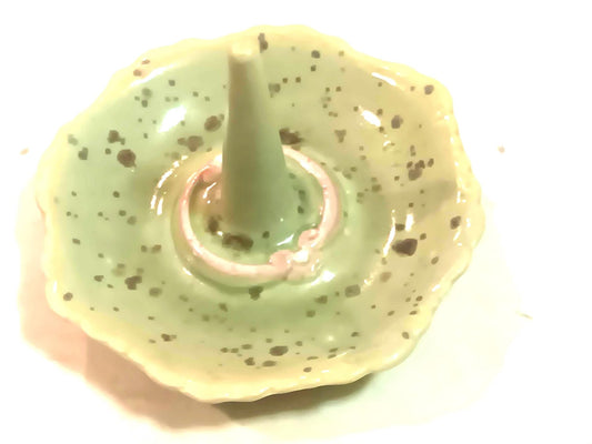 Ceramic Ring Holder Dish: Speckled Green, Fluttered Edge Tray Organizer - Gems by Gigi