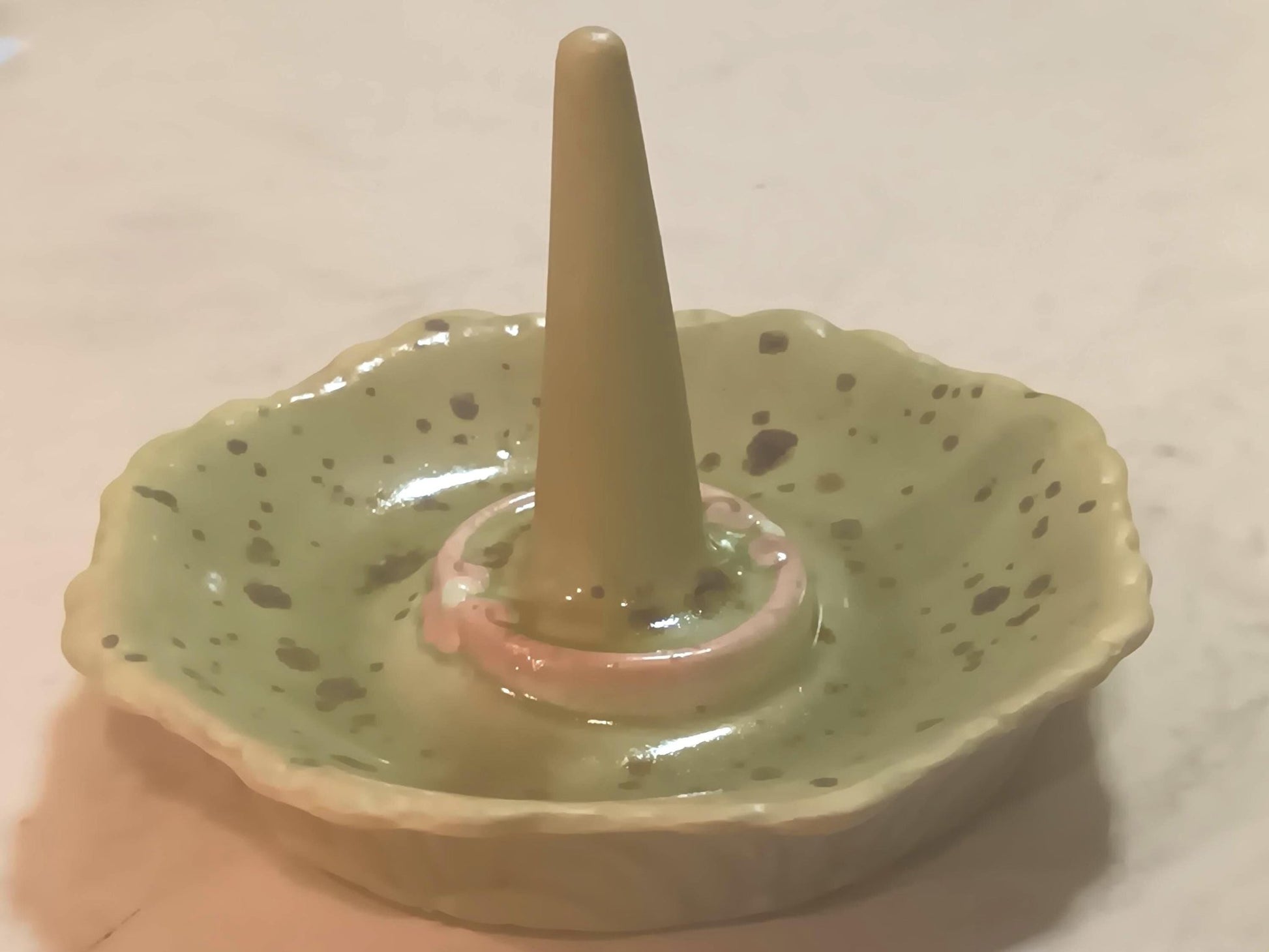 Ceramic Ring Holder Dish: Speckled Green, Fluttered Edge Tray Organizer - Gems by Gigi