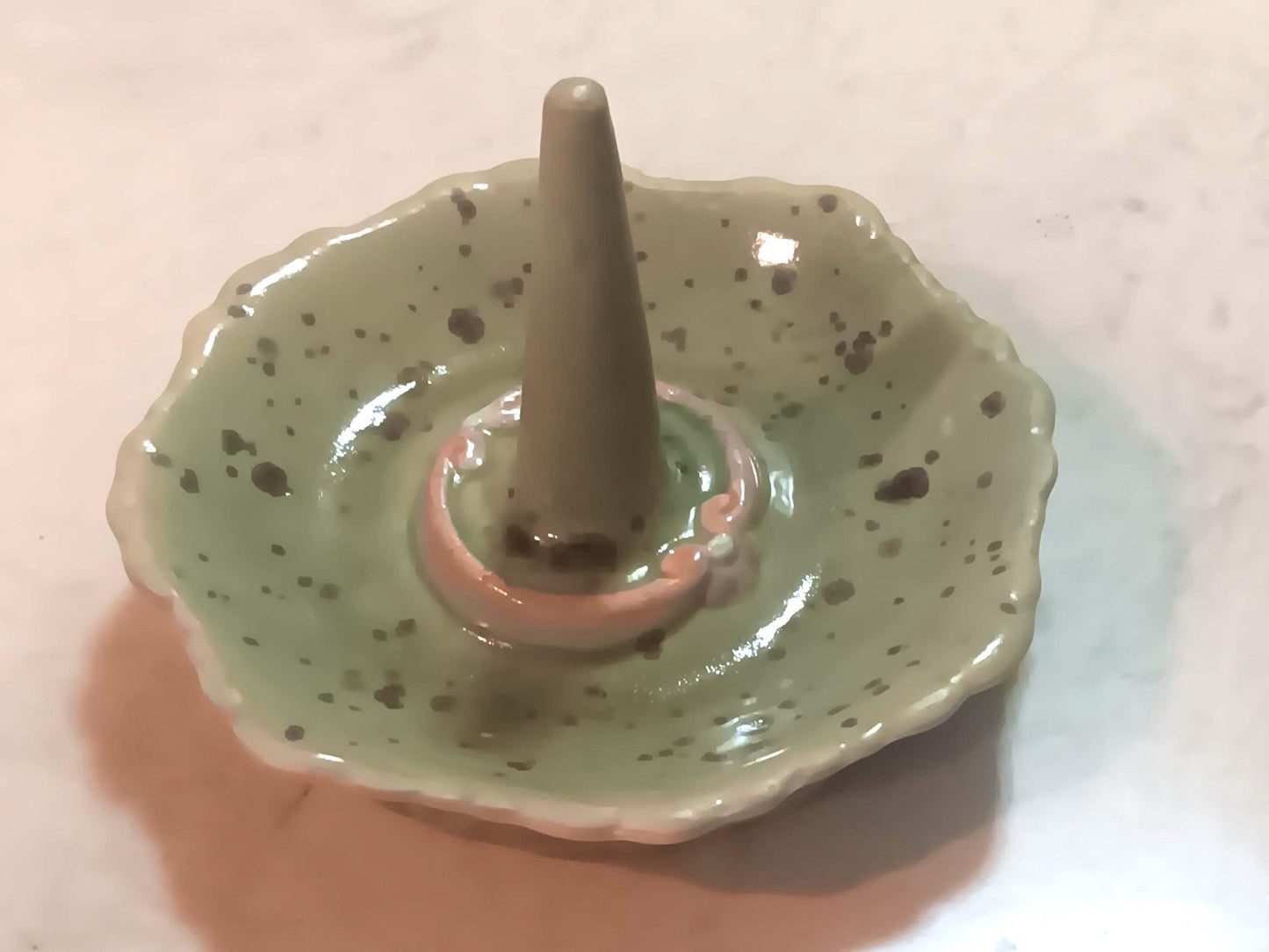 Ceramic Ring Holder Dish: Speckled Green, Fluttered Edge Tray Organizer - Gems by Gigi