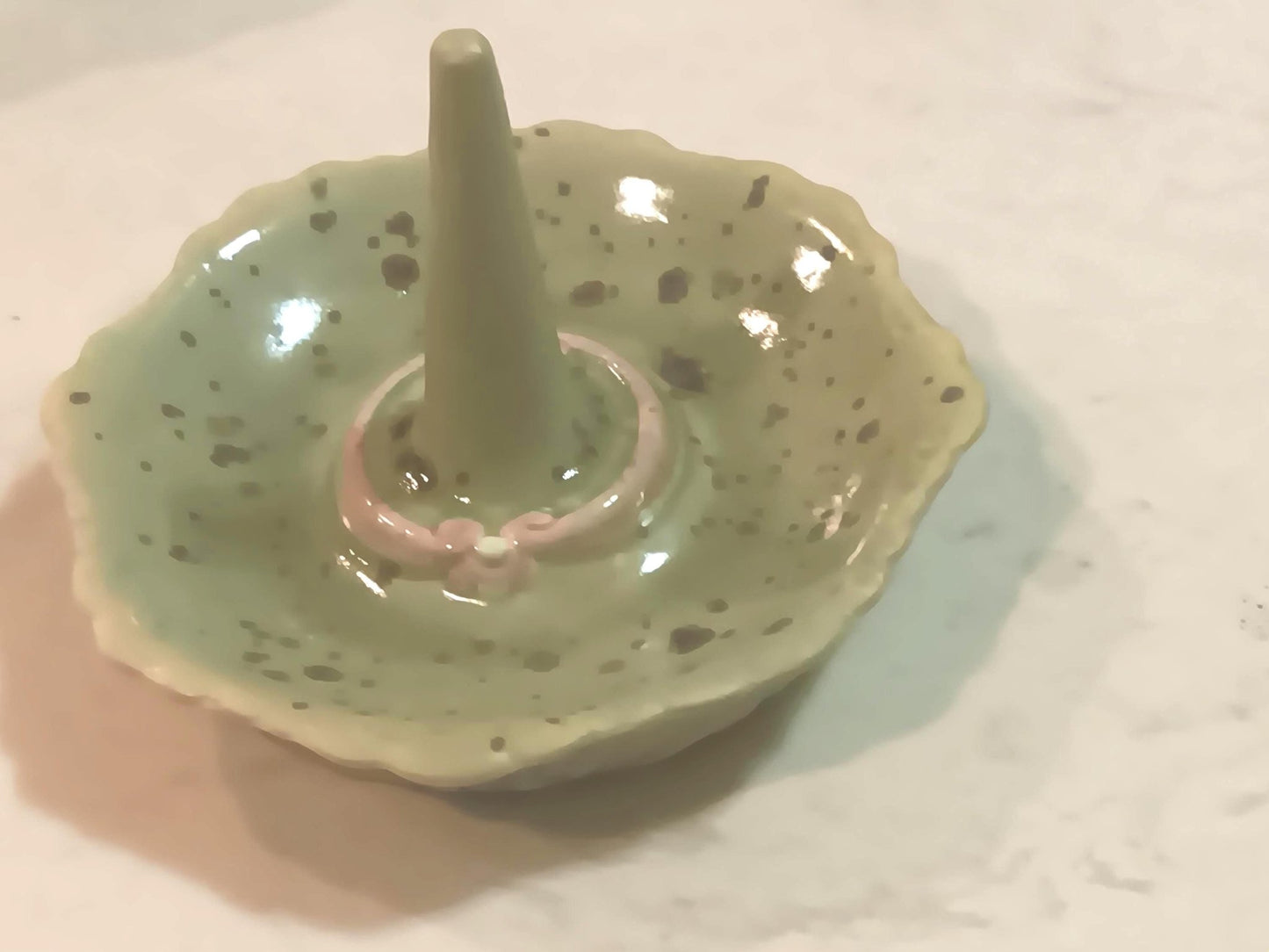 Ceramic Ring Holder Dish: Speckled Green, Fluttered Edge Tray Organizer - Gems by Gigi