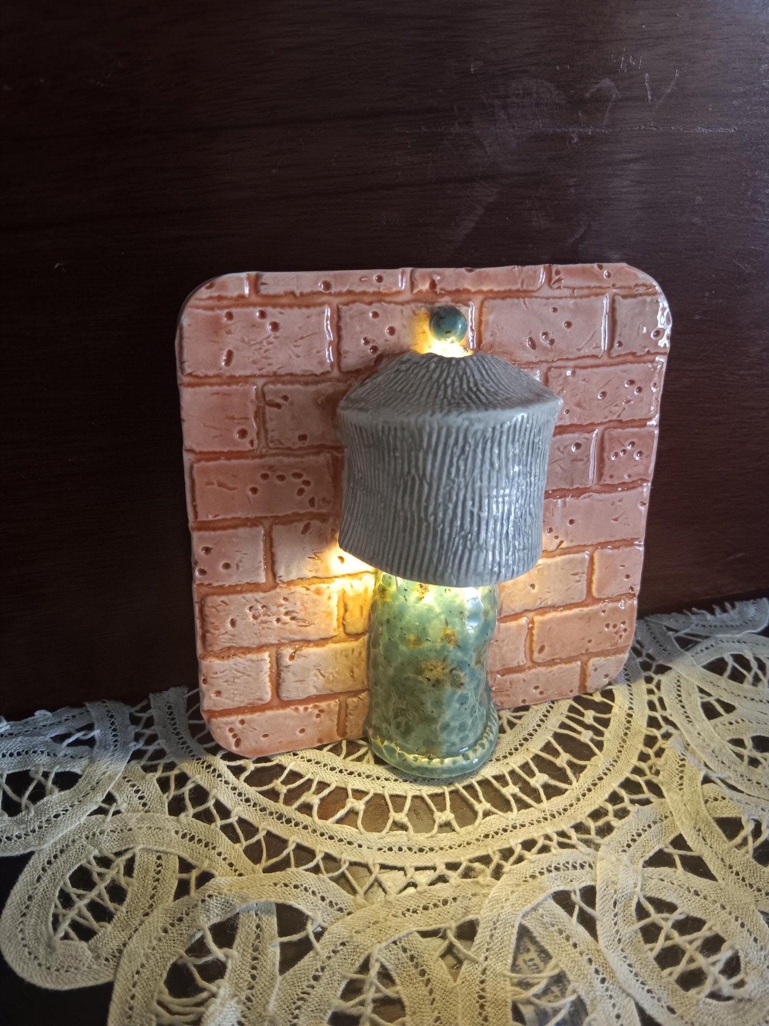 Ceramic Square Tile Wall Lamp Brick Orange Teal Lights Up - Gems by Gigi