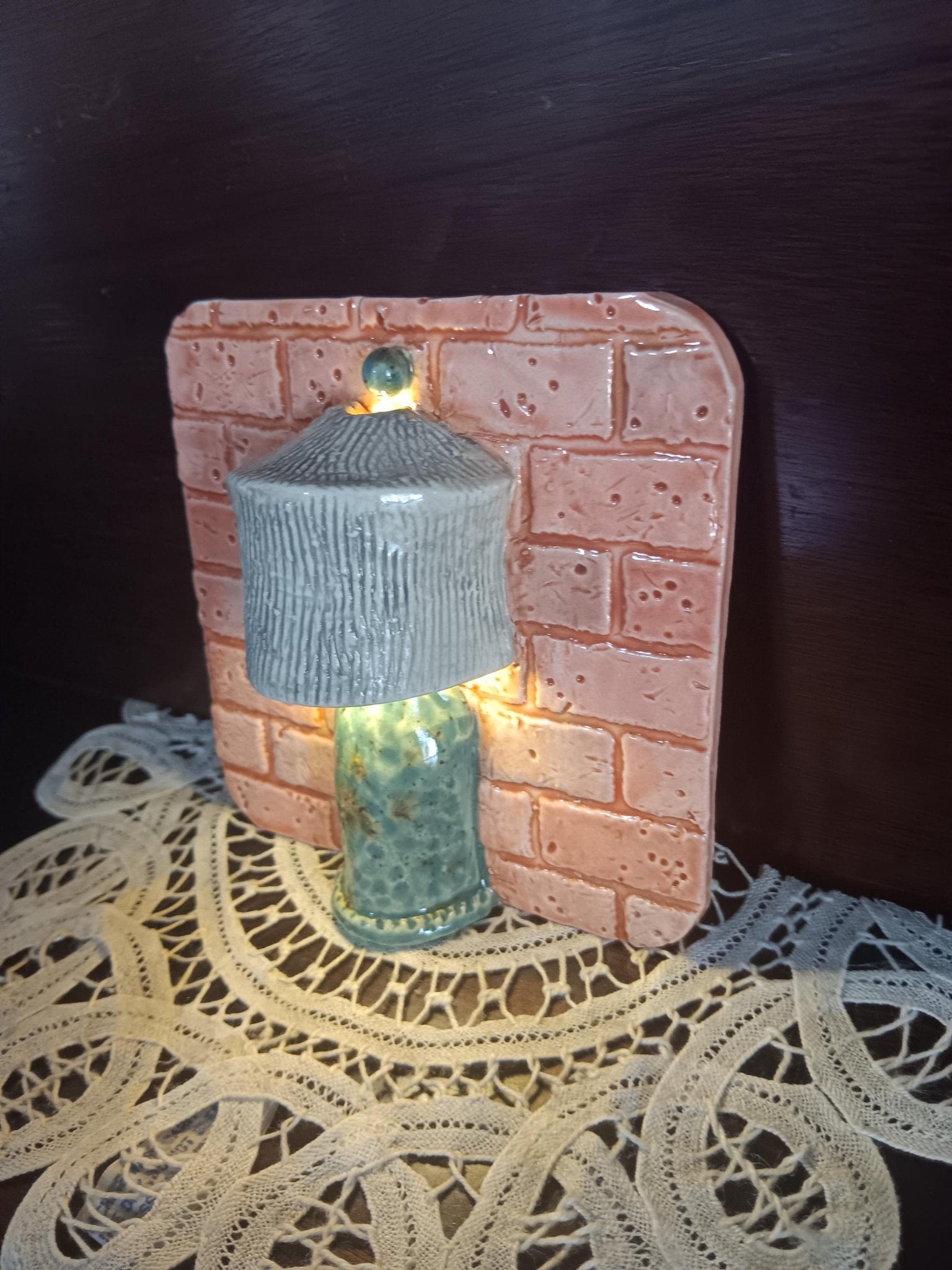 Ceramic Square Tile Wall Lamp Brick Orange Teal Lights Up - Gems by Gigi