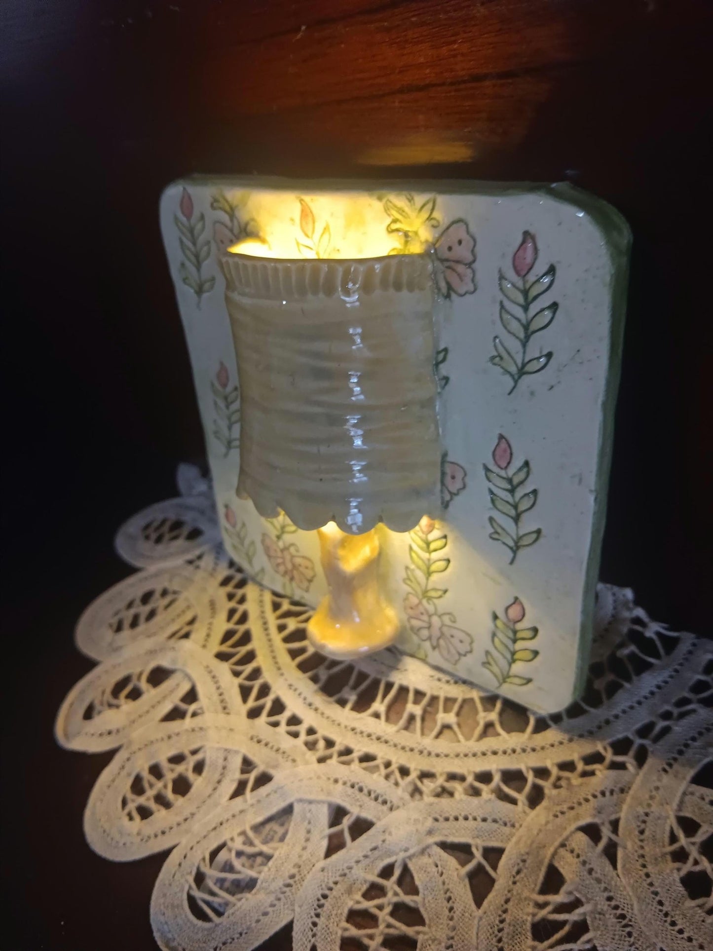 Ceramic Square Tile Wall Lamp Flowers Lime Pink Yellow Lights Up - Gems by Gigi