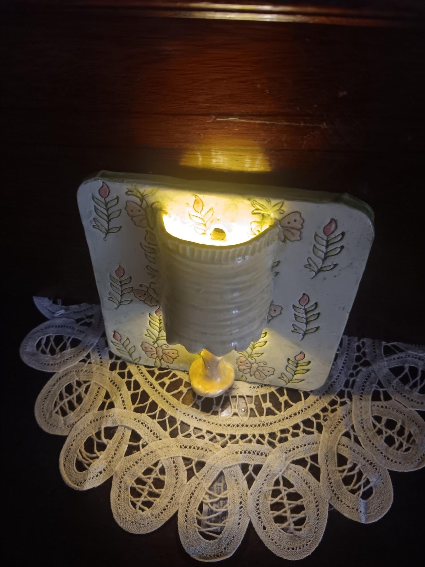 Ceramic Square Tile Wall Lamp Flowers Lime Pink Yellow Lights Up - Gems by Gigi