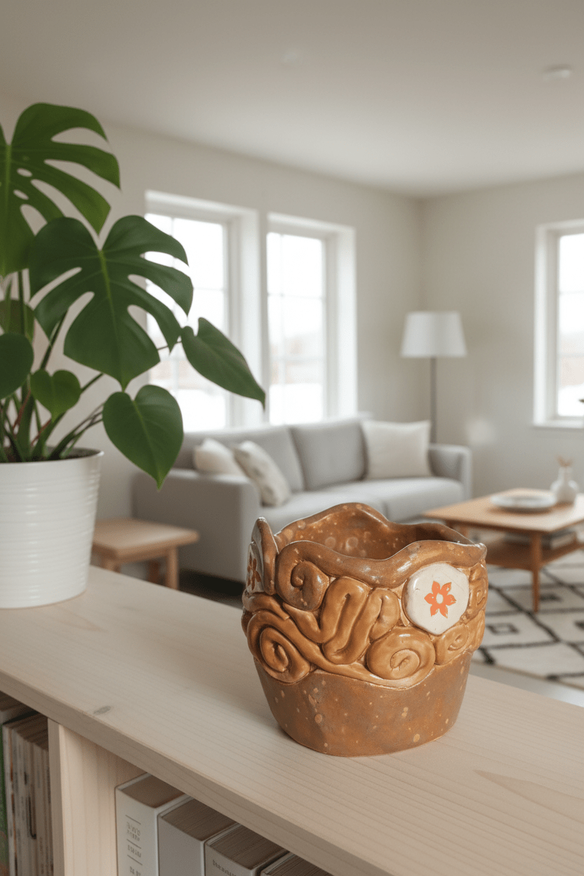 Ceramic Swirl Flower Pot Tan Orange - Gems by Gigi