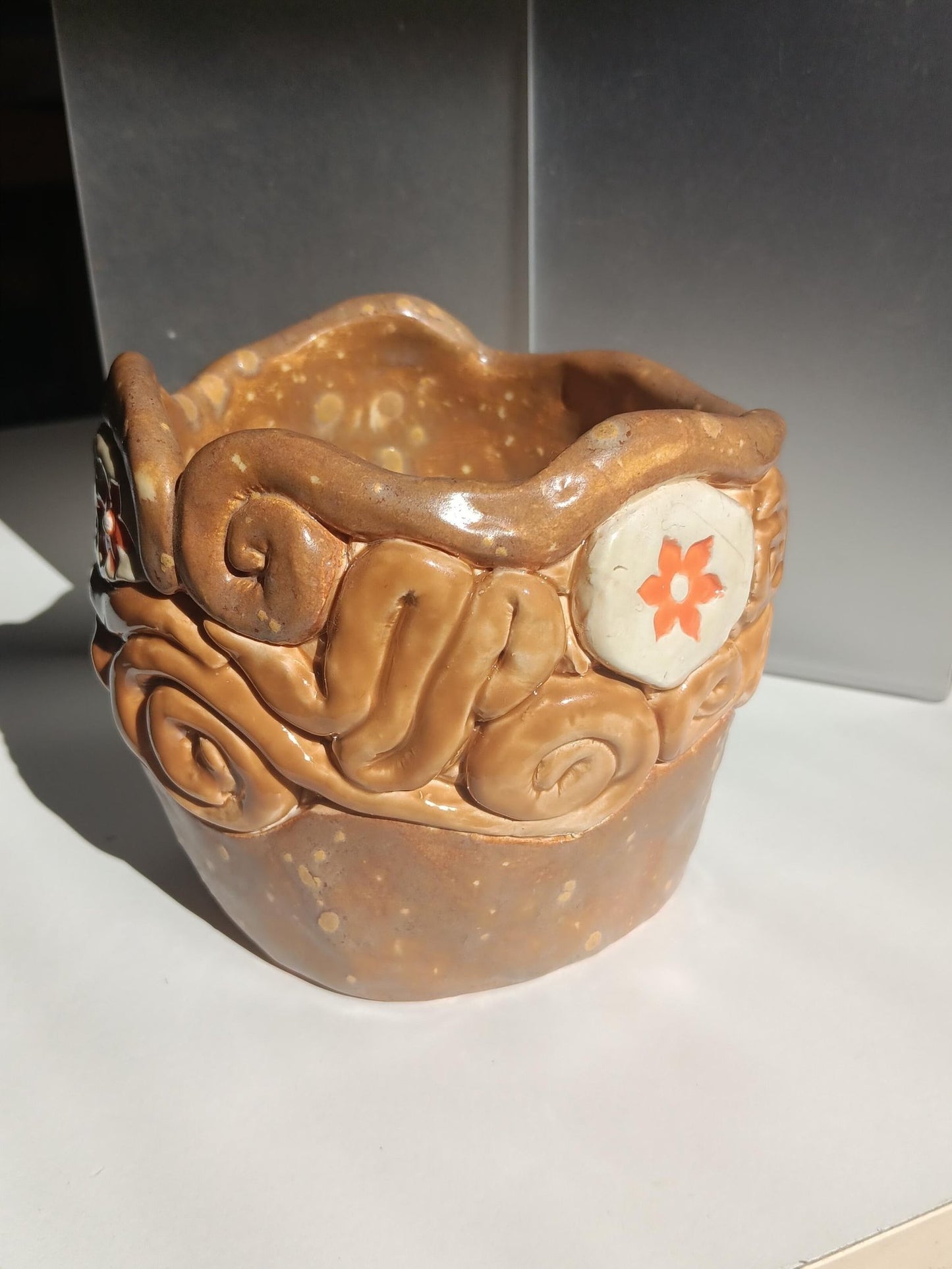 Ceramic Swirl Flower Pot Tan Orange - Gems by Gigi