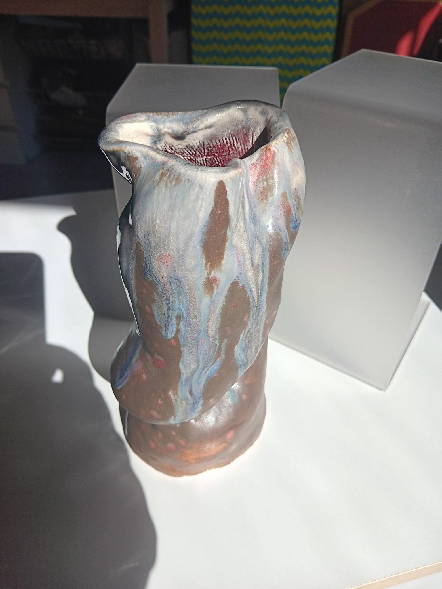 Ceramic Vase Brown Blue Handmade Modern Twisted Top - Gems by Gigi