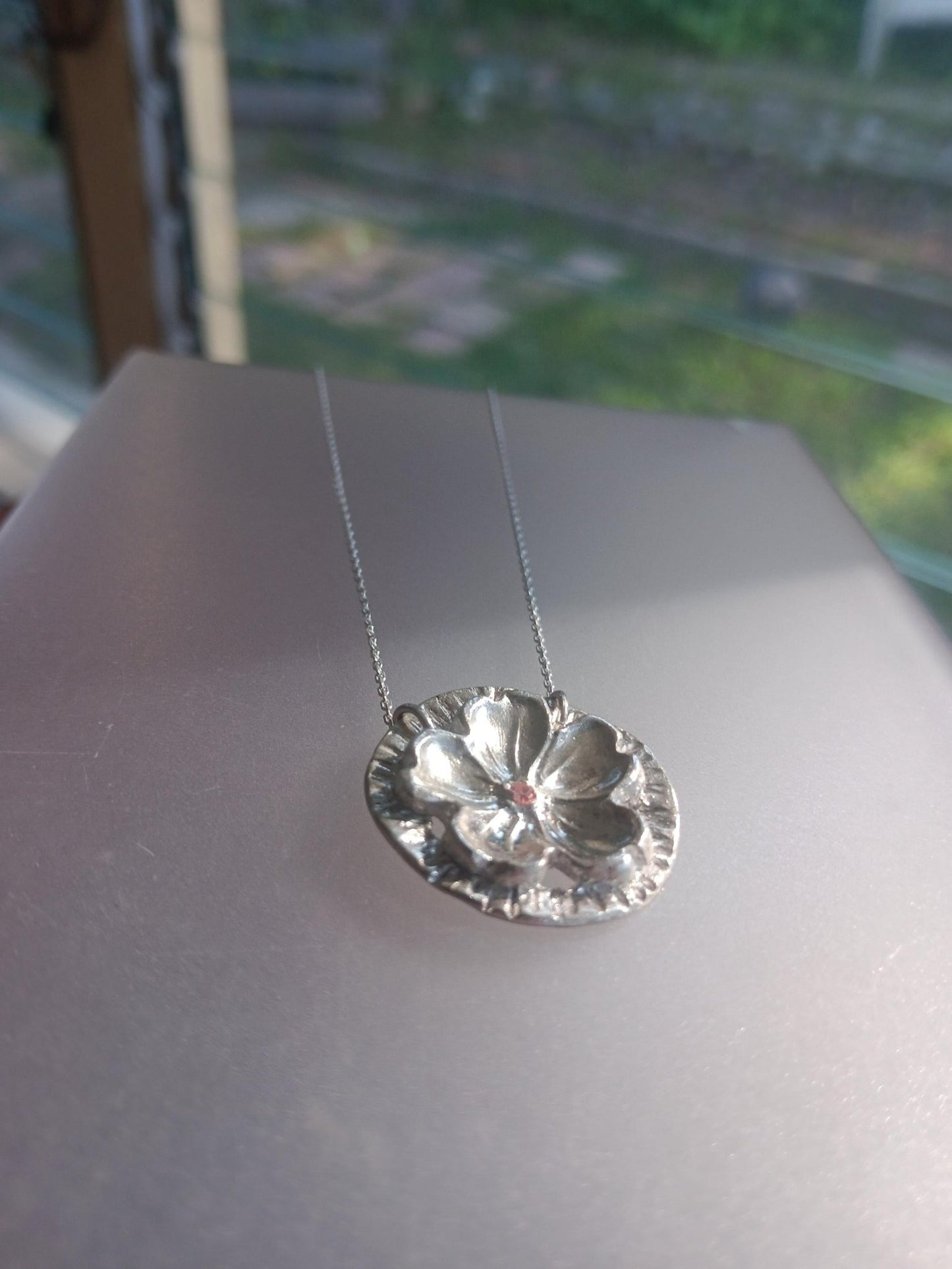Cherry Blossom Circle Pendant Sakura Necklace Padparadscha Sapphire Fine Silver - Gems by Gigi