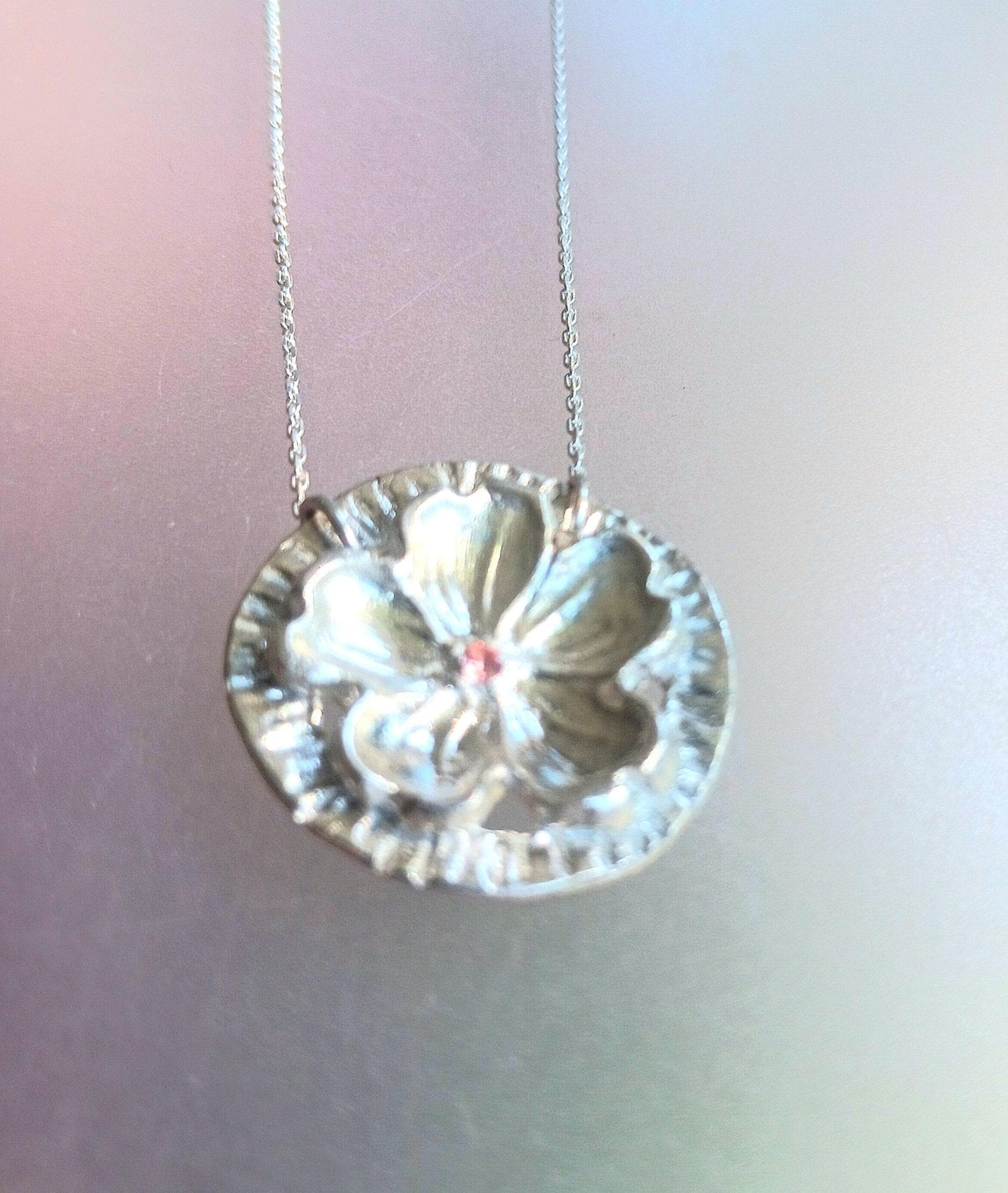 Cherry Blossom Circle Pendant Sakura Necklace Padparadscha Sapphire Fine Silver - Gems by Gigi