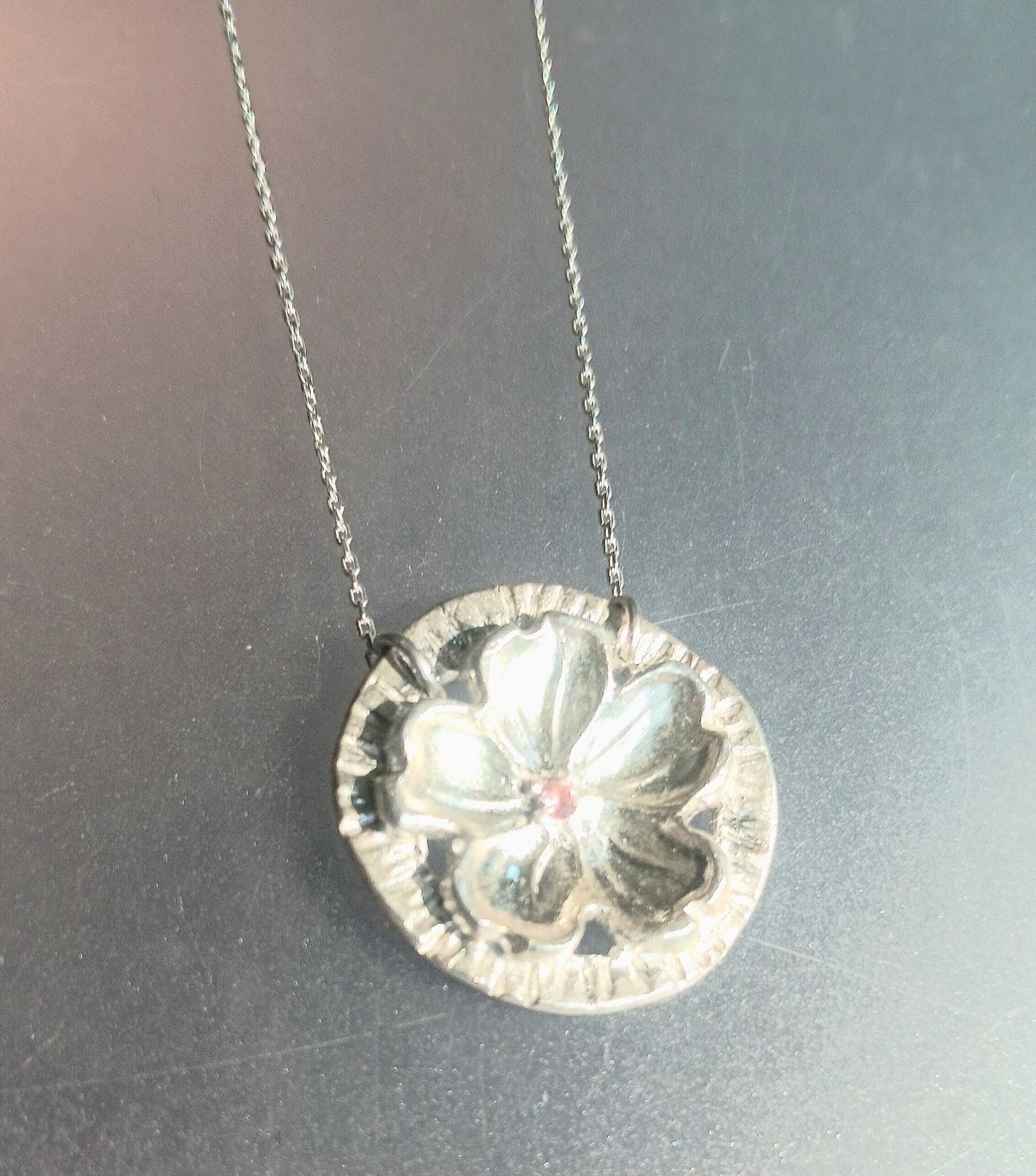 Cherry Blossom Circle Pendant Sakura Necklace Padparadscha Sapphire Fine Silver - Gems by Gigi