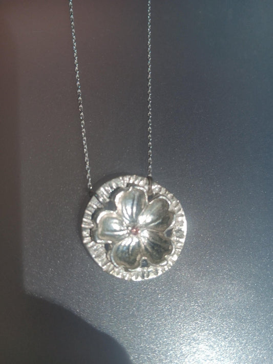 Cherry Blossom Circle Pendant Sakura Necklace Padparadscha Sapphire Fine Silver - Gems by Gigi