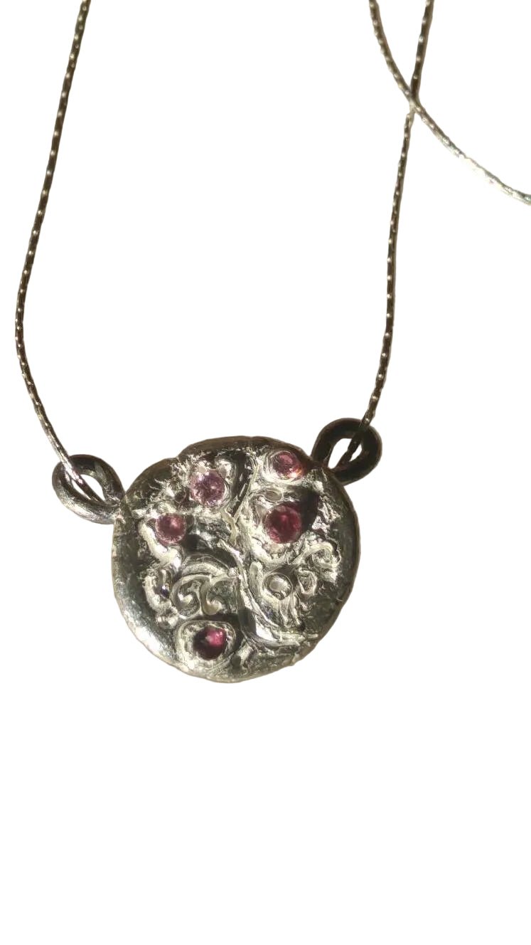 Cherry Blossom Sakura Ruby Sapphire Circle Pendant Fine Silver - Gems by Gigi