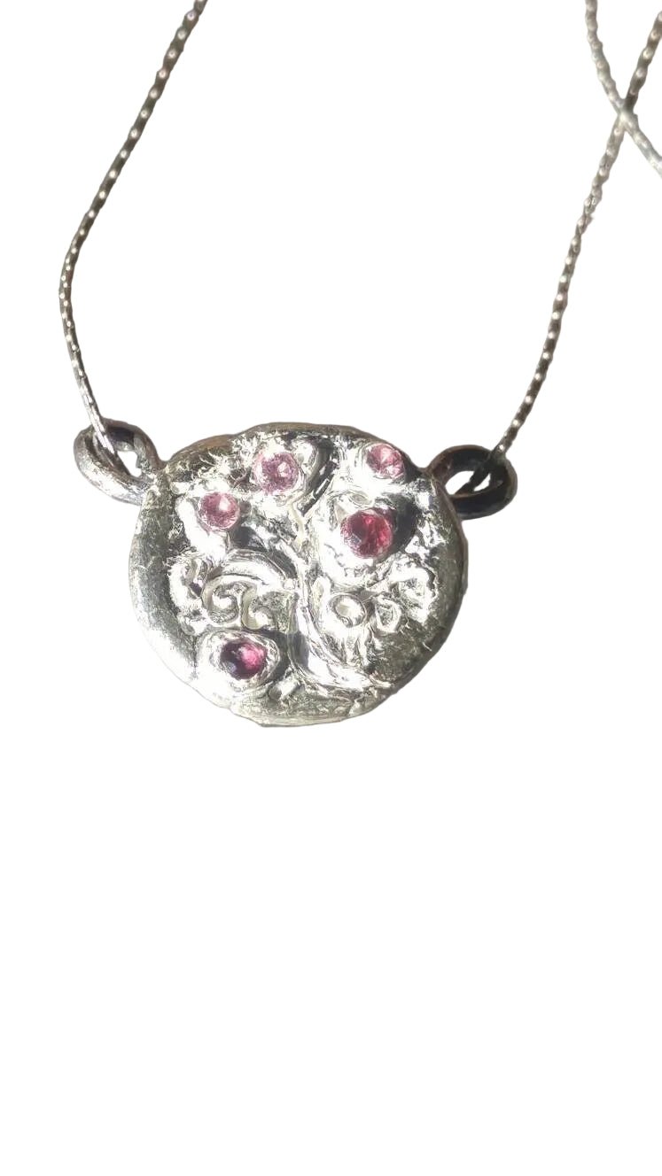 Cherry Blossom Sakura Ruby Sapphire Circle Pendant Fine Silver - Gems by Gigi
