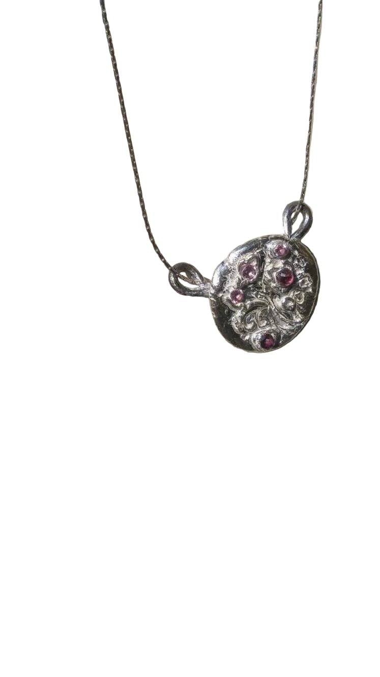 Cherry Blossom Sakura Ruby Sapphire Circle Pendant Fine Silver - Gems by Gigi