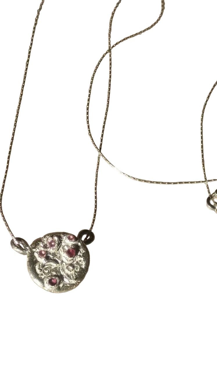 Cherry Blossom Sakura Ruby Sapphire Circle Pendant Fine Silver - Gems by Gigi