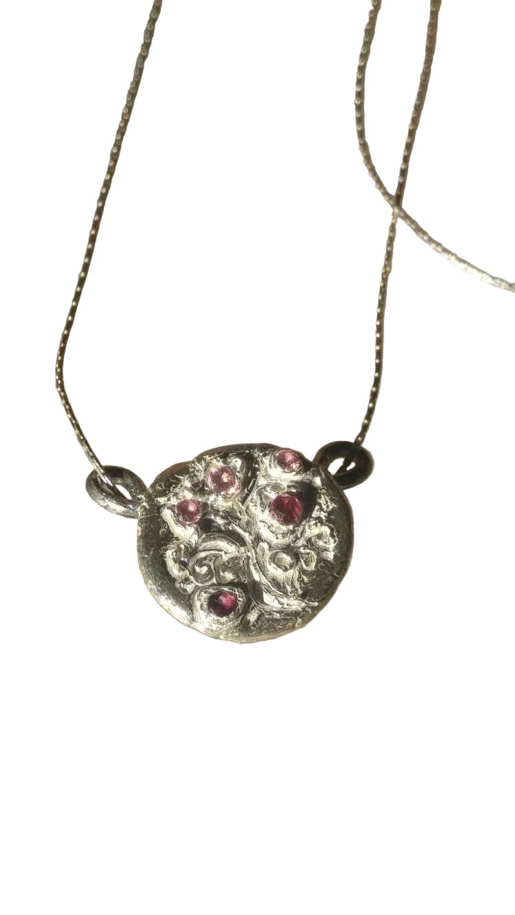 Cherry Blossom Sakura Ruby Sapphire Circle Pendant Fine Silver - Gems by Gigi