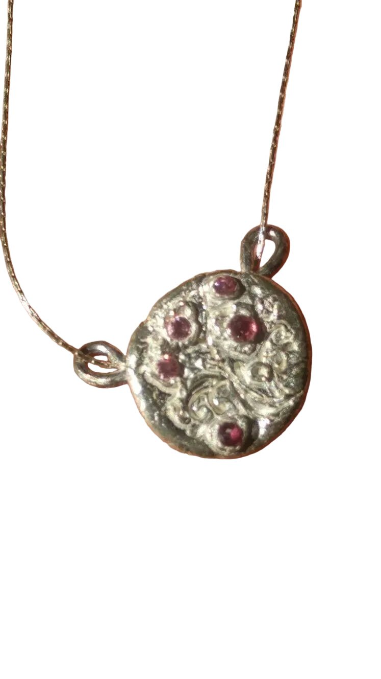 Cherry Blossom Sakura Ruby Sapphire Circle Pendant Fine Silver - Gems by Gigi