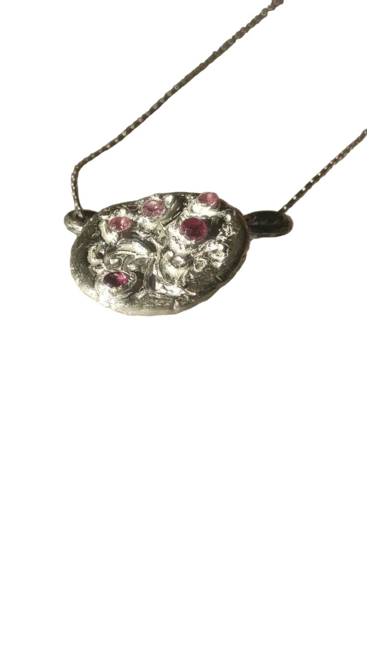 Cherry Blossom Sakura Ruby Sapphire Circle Pendant Fine Silver - Gems by Gigi