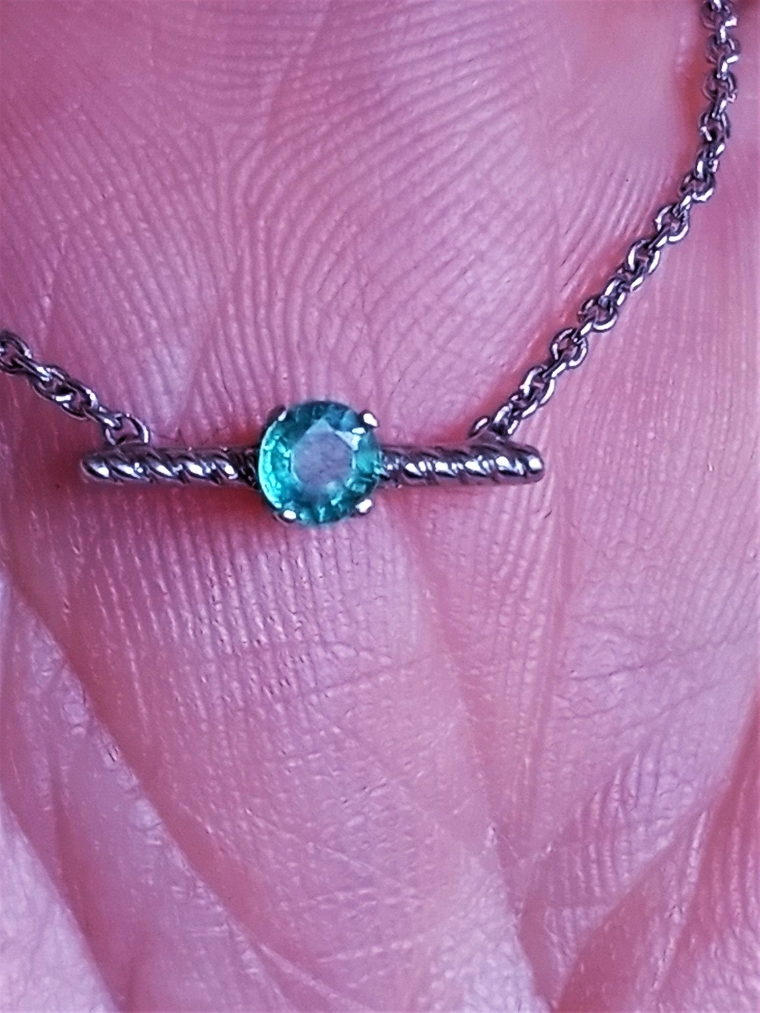 Colombian Emerald Solitaire Bar Festoon Necklace Swirl Pendant Sterling Silver - Gems by Gigi