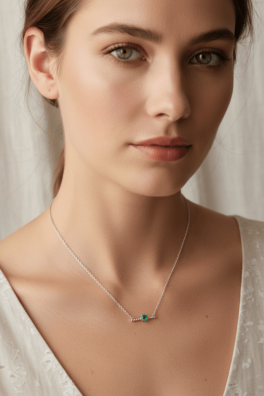 Colombian Emerald Solitaire Bar Festoon Necklace Swirl Pendant Sterling Silver - Gems by Gigi