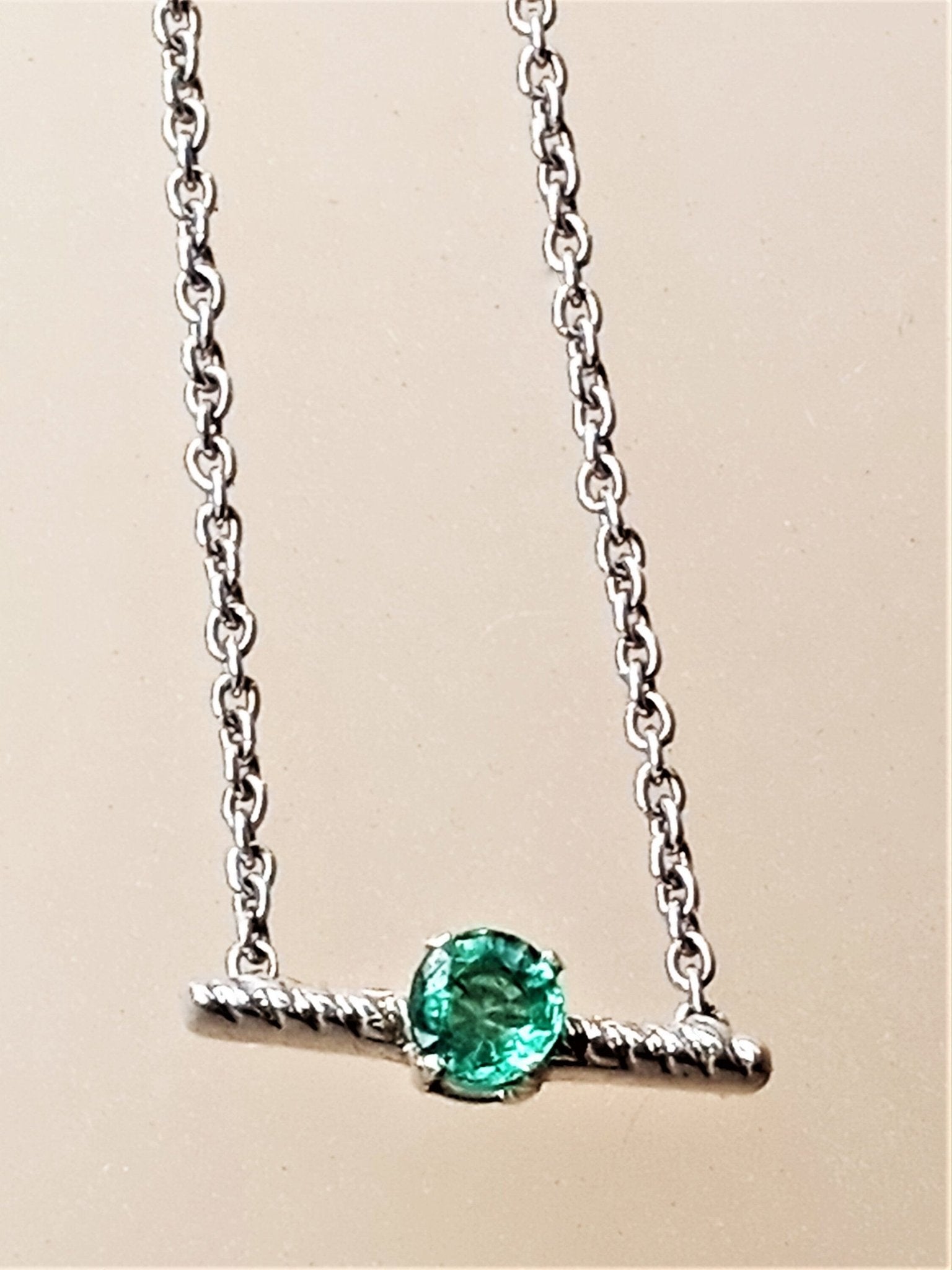 Colombian Emerald Solitaire Bar Festoon Necklace Swirl Pendant Sterling Silver - Gems by Gigi