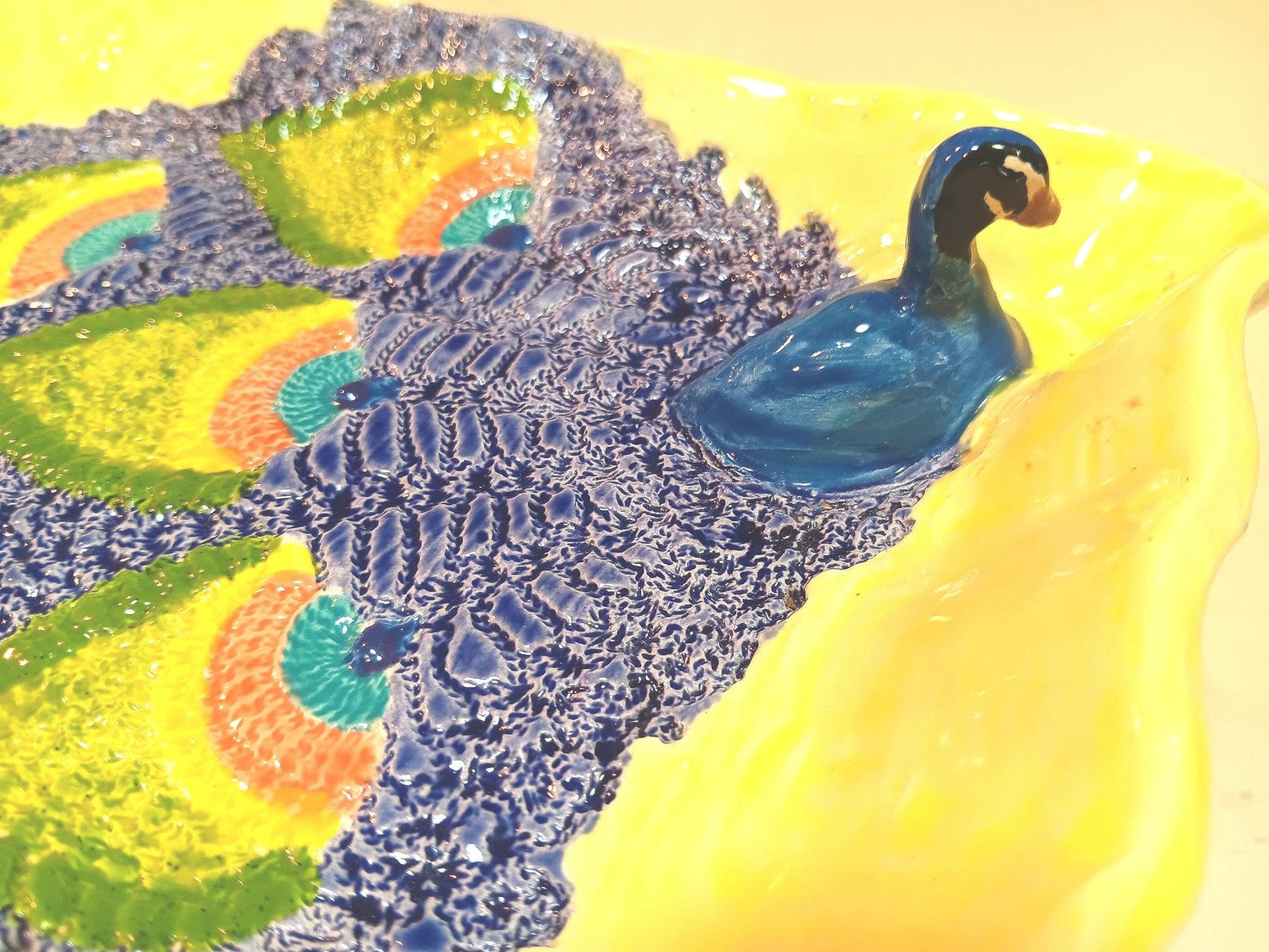 Colorful Ceramic Peacock 3D Platter Plate Textured Feathers - Gems by Gigi