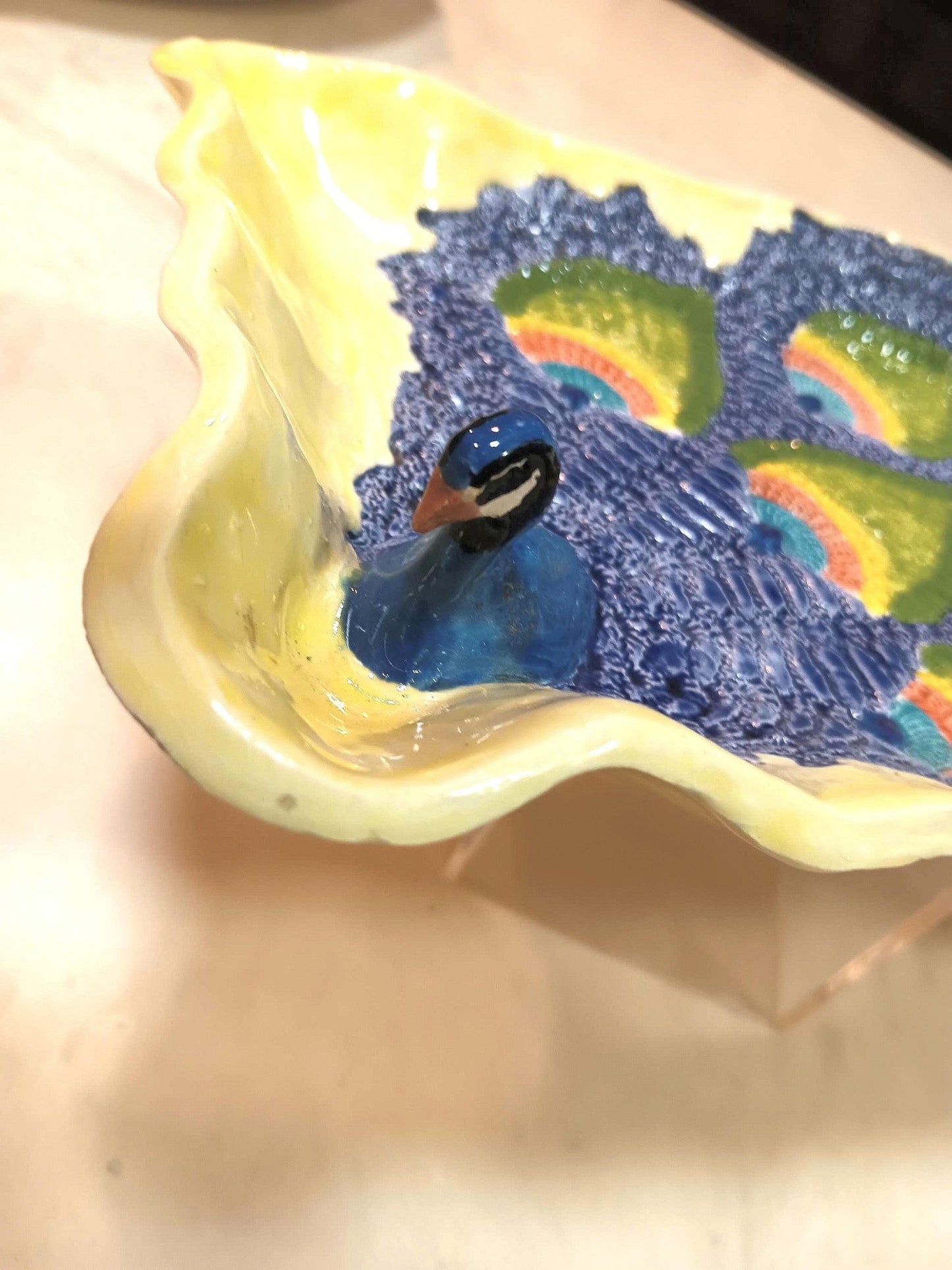 Colorful Ceramic Peacock 3D Platter Plate Textured Feathers - Gems by Gigi