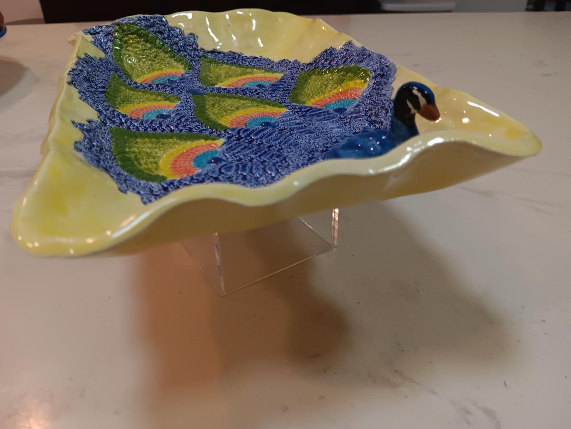 Colorful Ceramic Peacock 3D Platter Plate Textured Feathers - Gems by Gigi