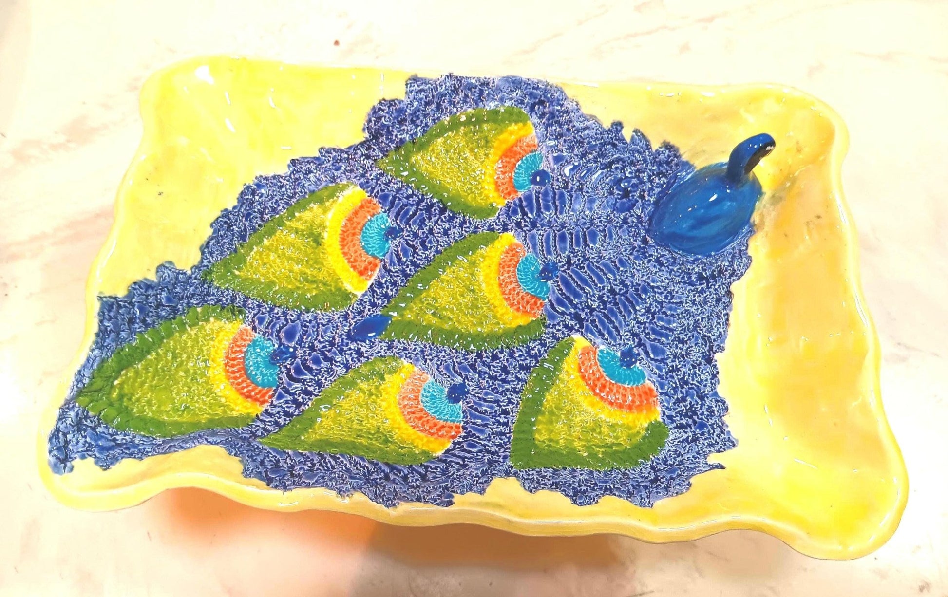 Colorful Ceramic Peacock 3D Platter Plate Textured Feathers - Gems by Gigi