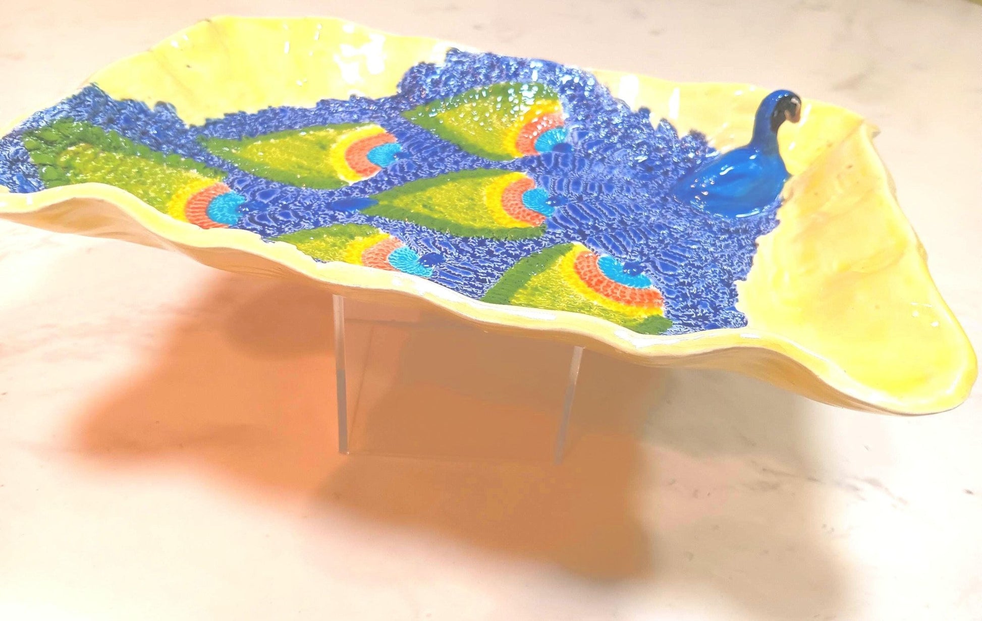 Colorful Ceramic Peacock 3D Platter Plate Textured Feathers - Gems by Gigi