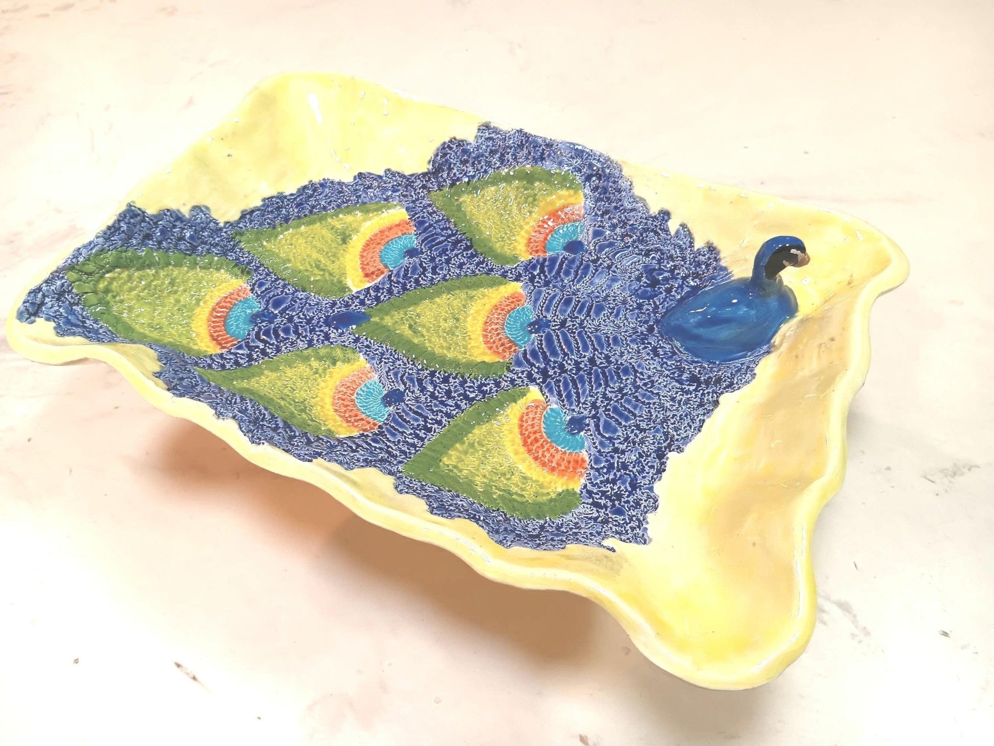 Colorful Ceramic Peacock 3D Platter Plate Textured Feathers - Gems by Gigi