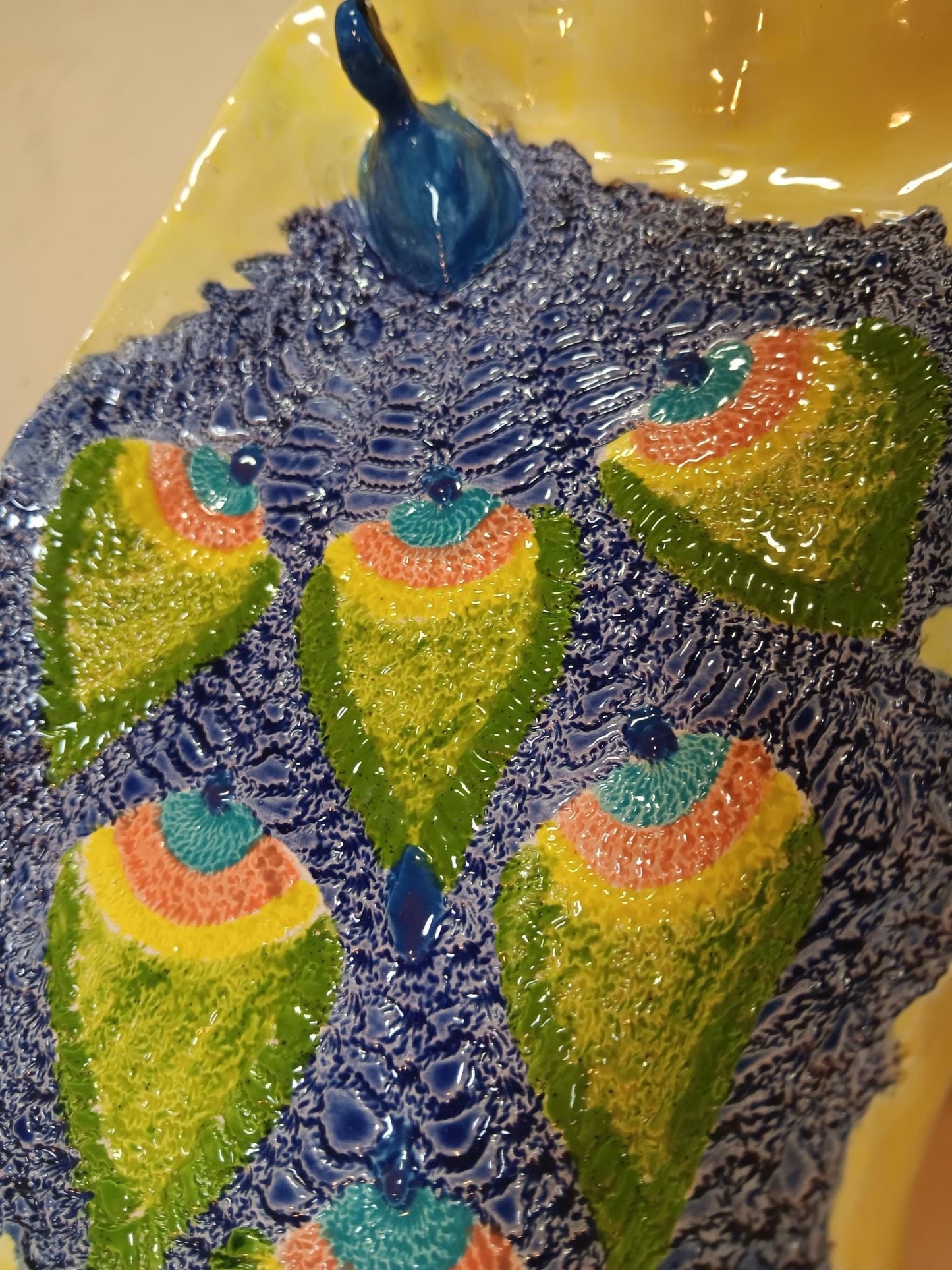 Colorful Ceramic Peacock 3D Platter Plate Textured Feathers - Gems by Gigi